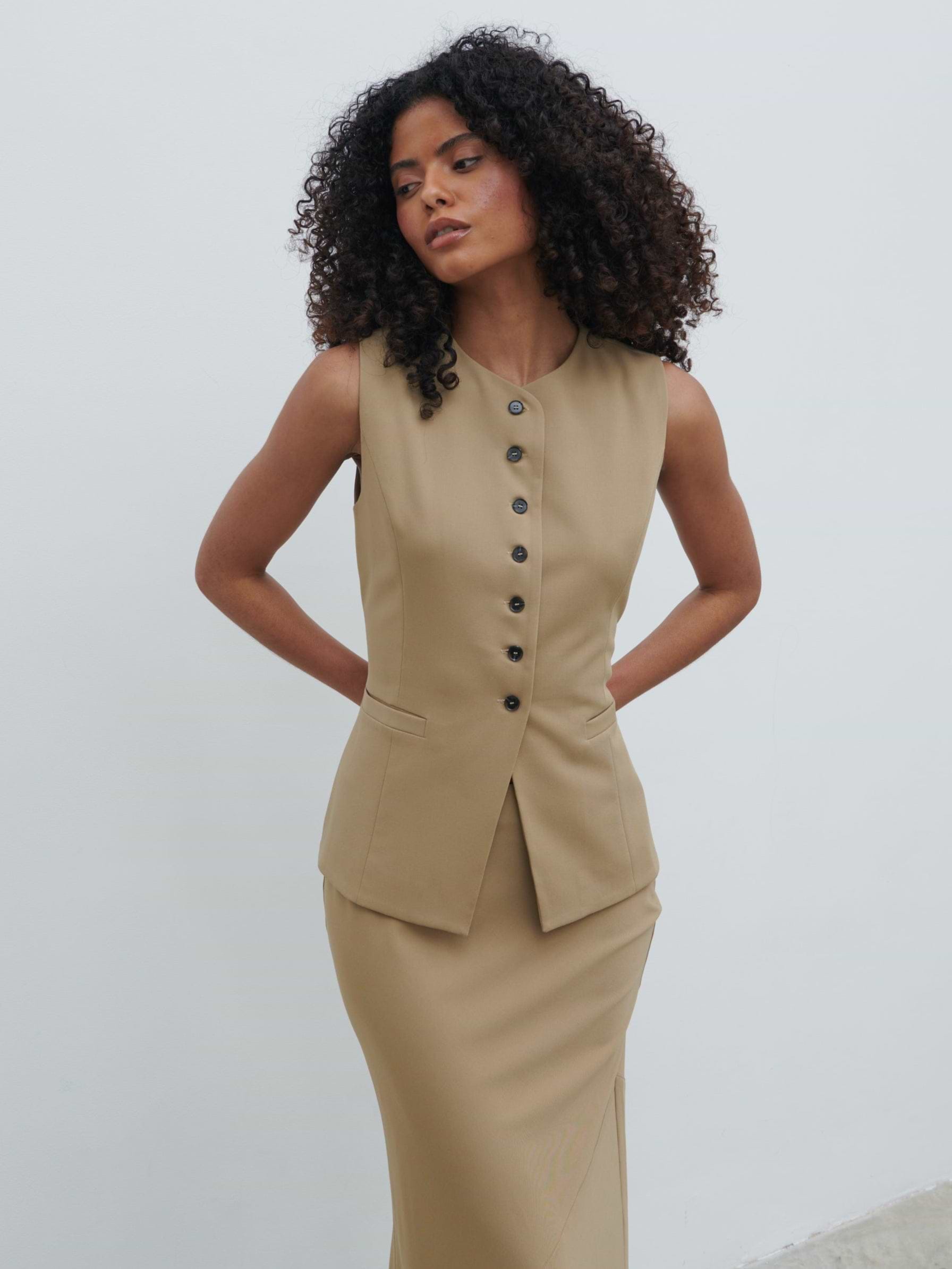 Jean Buttoned Down Waistcoat - Camel Beige