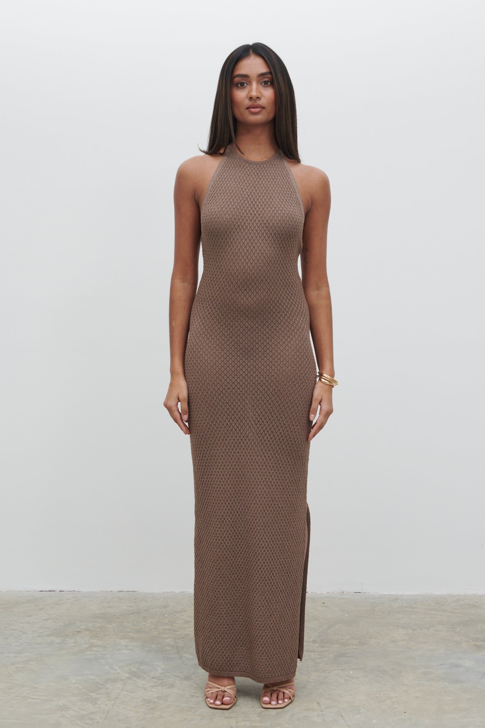 Jenna Halter Neck Knit Midaxi Dress - Brown