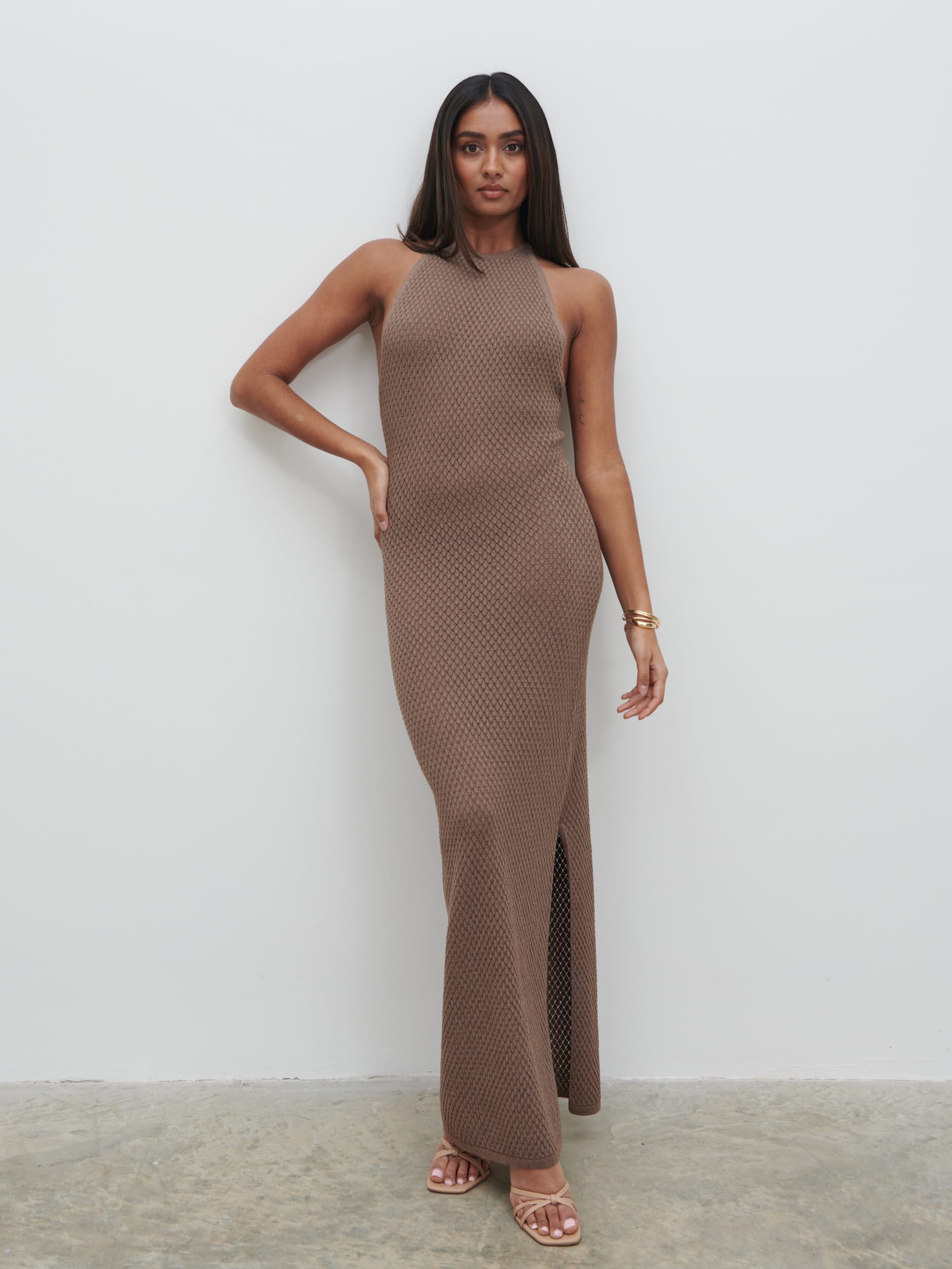 Jenna Halter Neck Knit Midaxi Dress - Brown