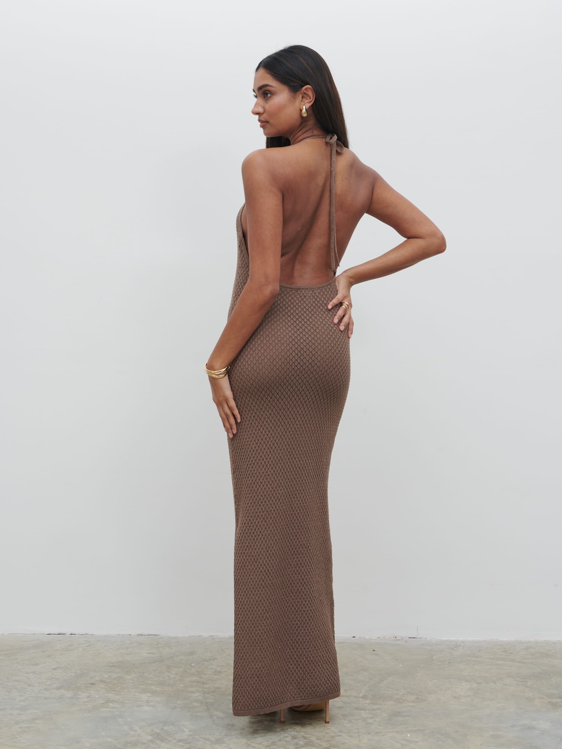 Jenna Halter Neck Knit Midaxi Dress - Brown