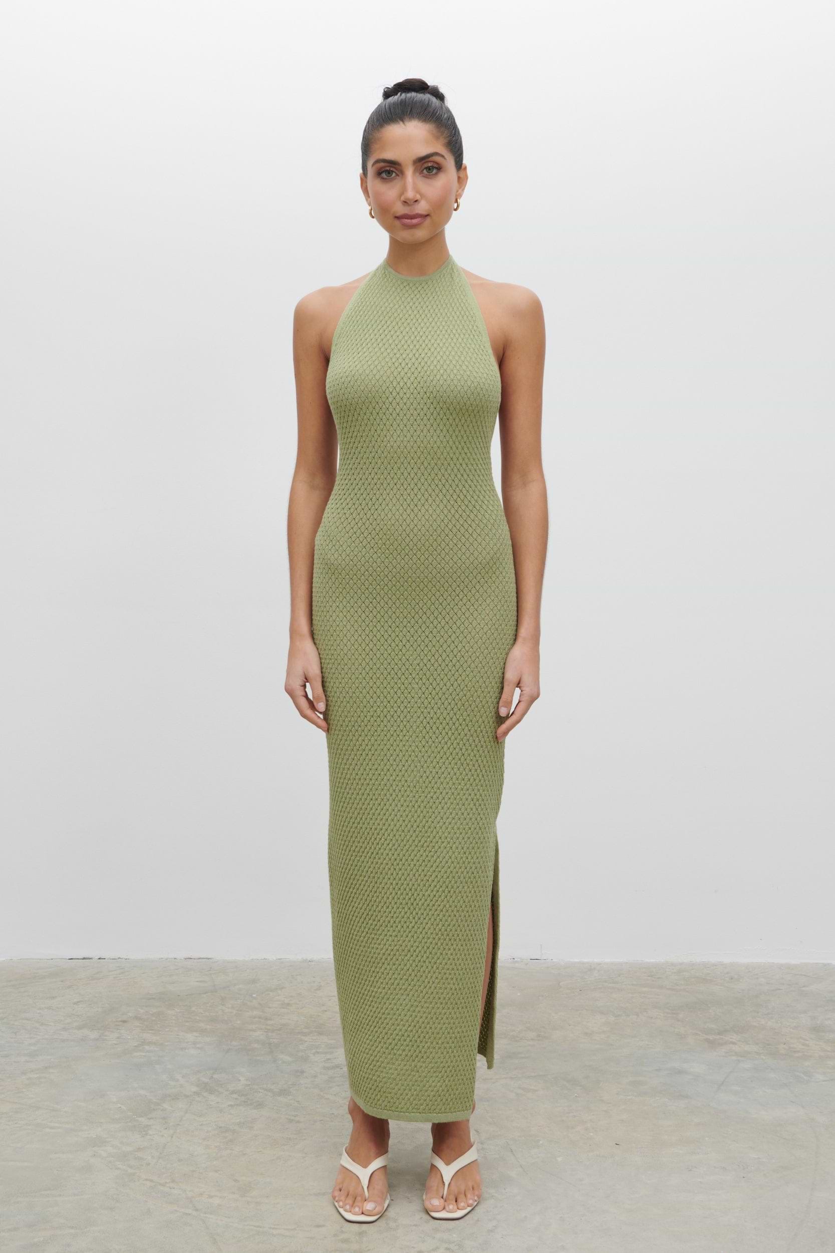 Jenna Halter Neck Knit Midaxi Dress - Pistachio