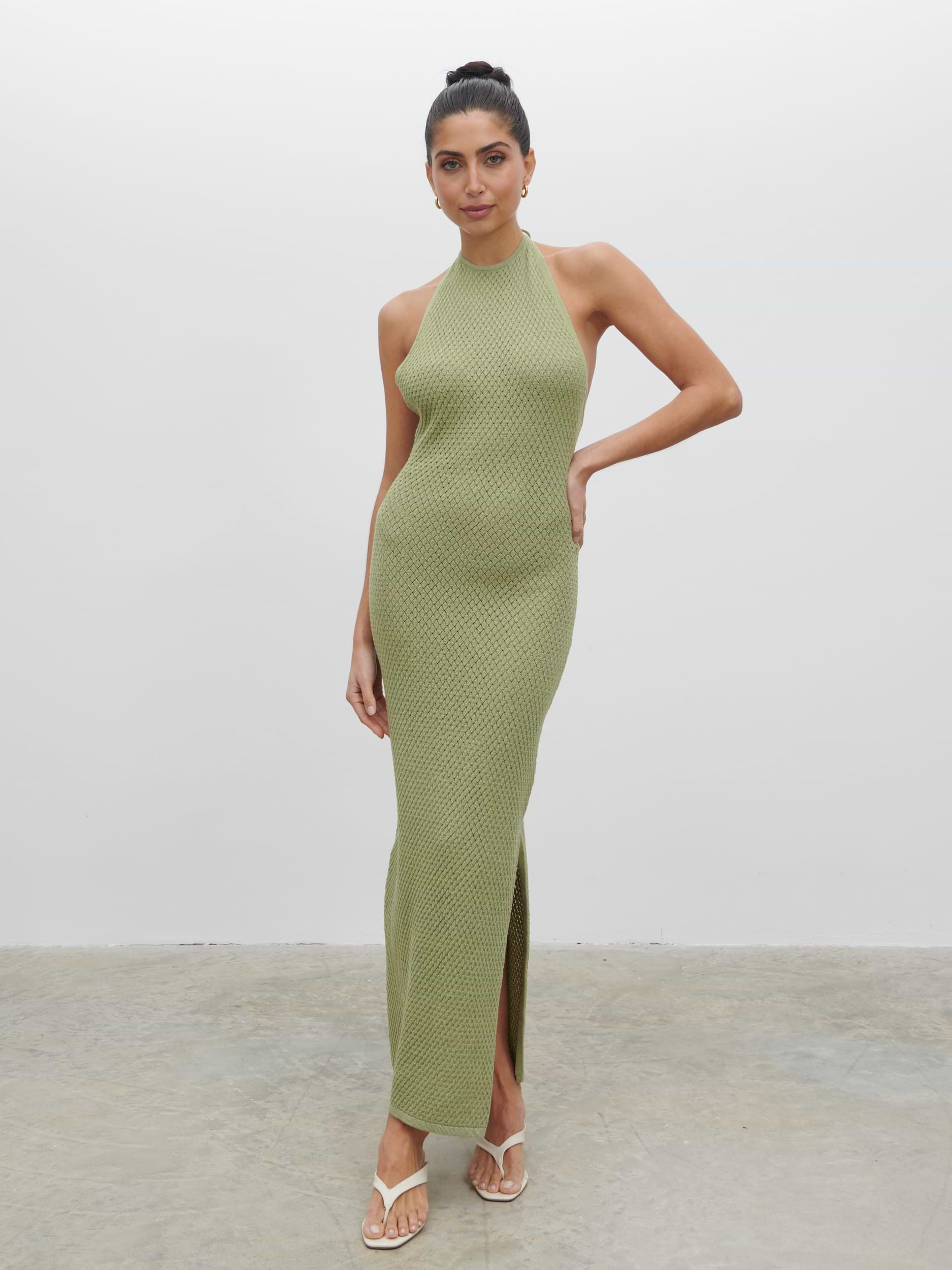 Jenna Halter Neck Knit Midaxi Dress - Pistachio