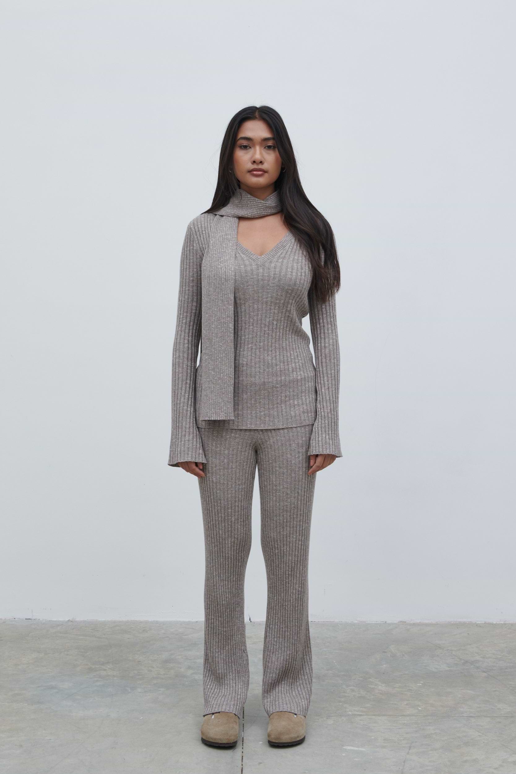 Jessie V Neck Ribbed Knit Top with Scarf - Grey Marl