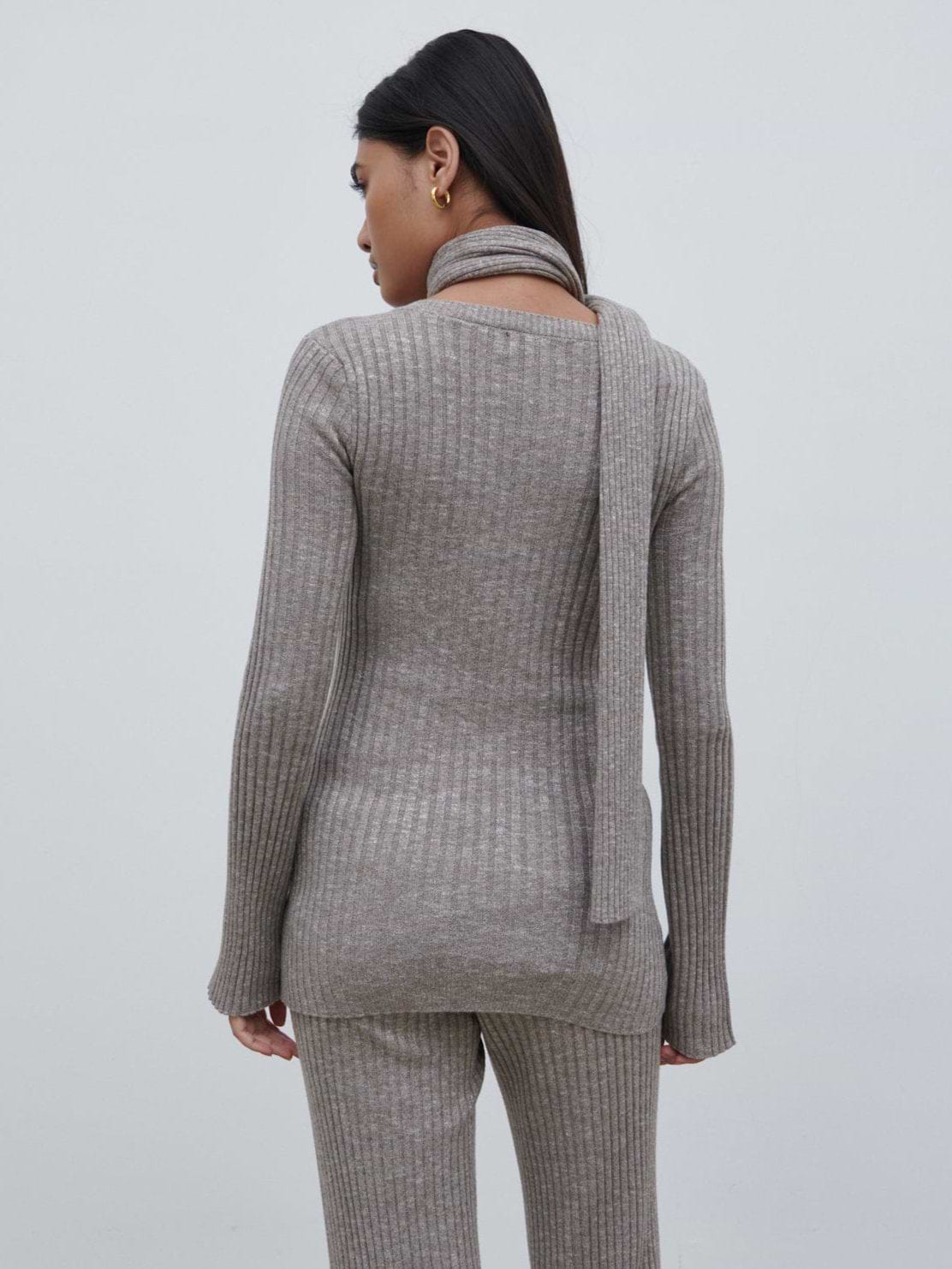 Jessie V Neck Ribbed Knit Top with Scarf - Grey Marl