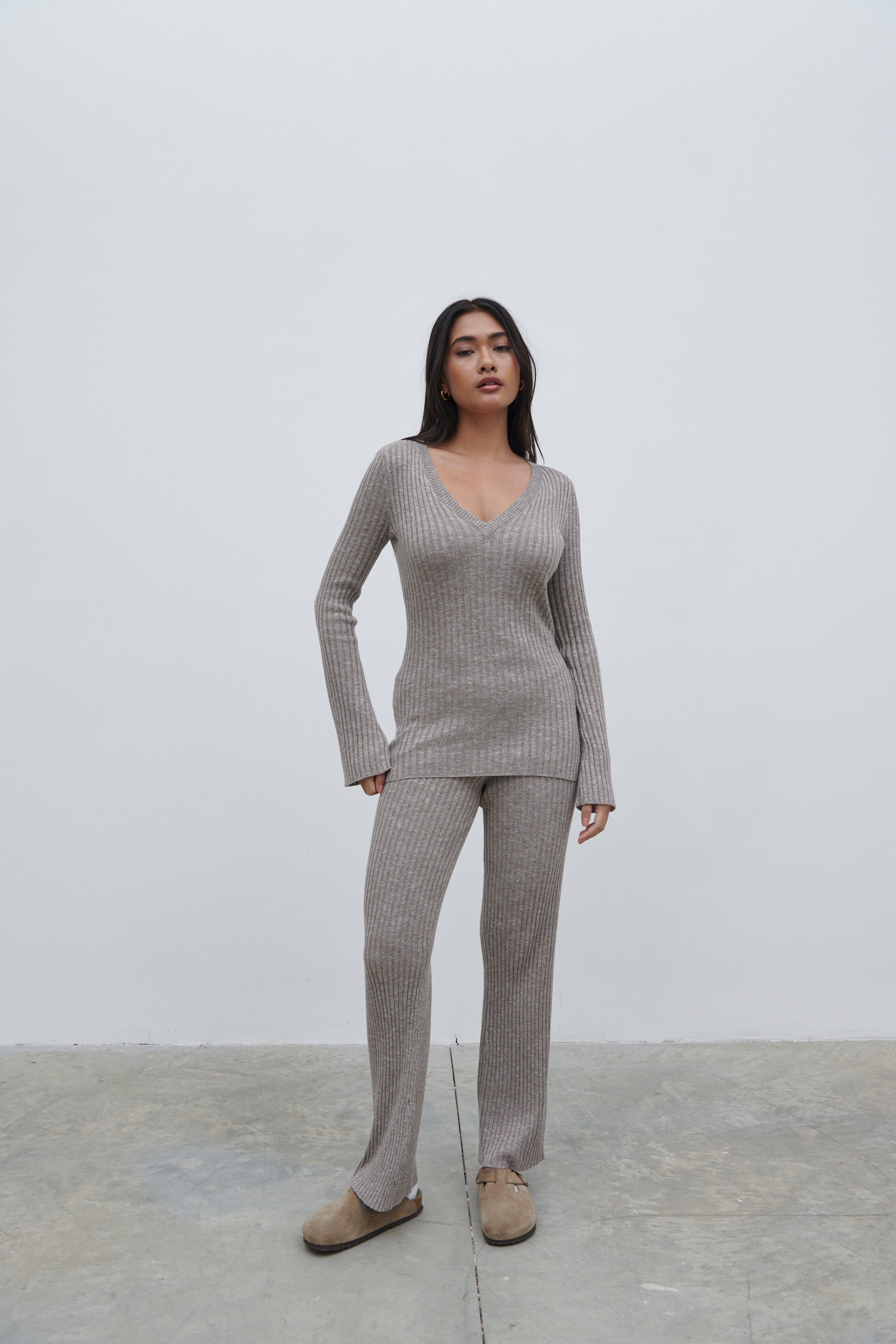 Jessie Ribbed Knit Trousers - Grey Marl