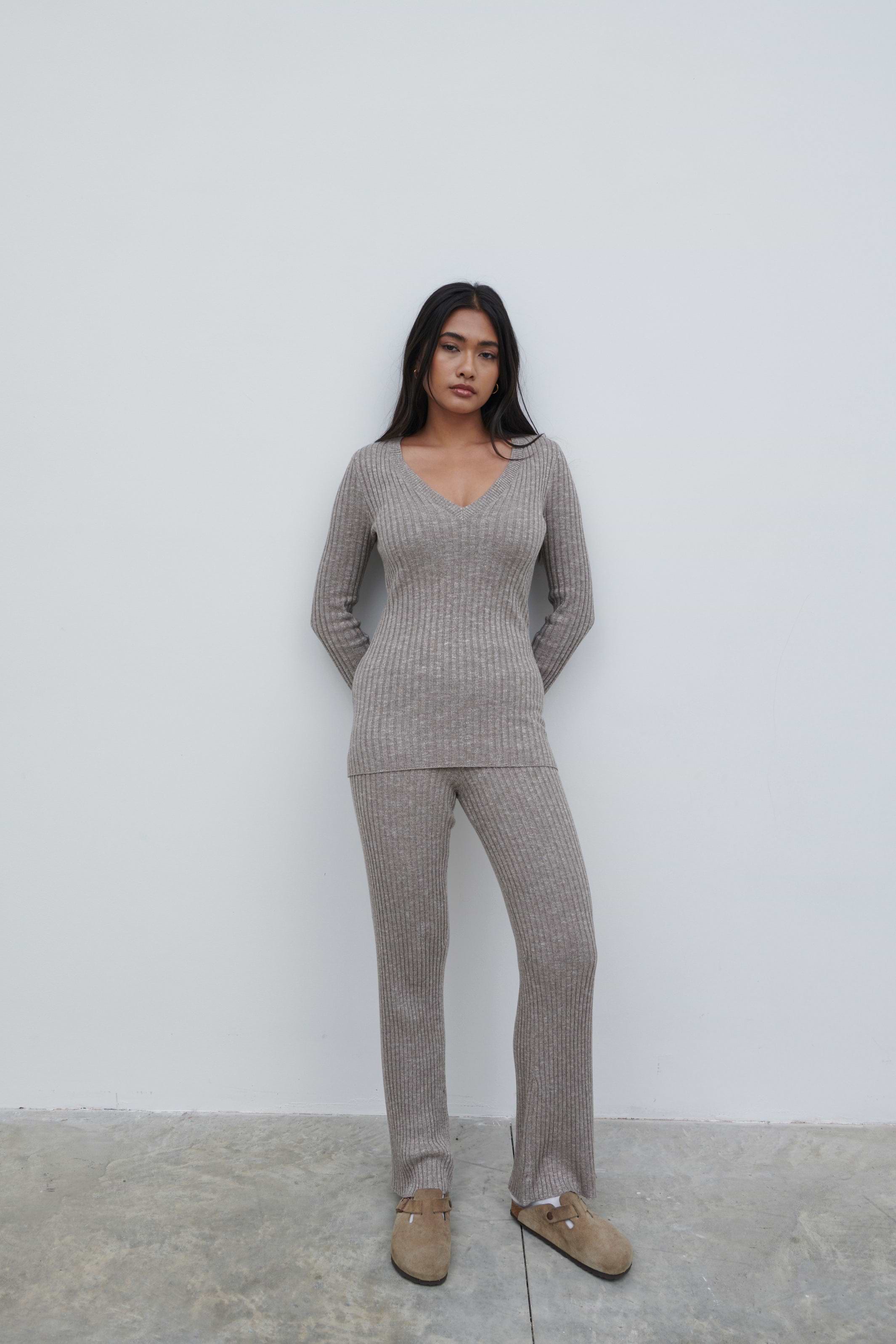 Jessie Ribbed Knit Trousers - Grey Marl