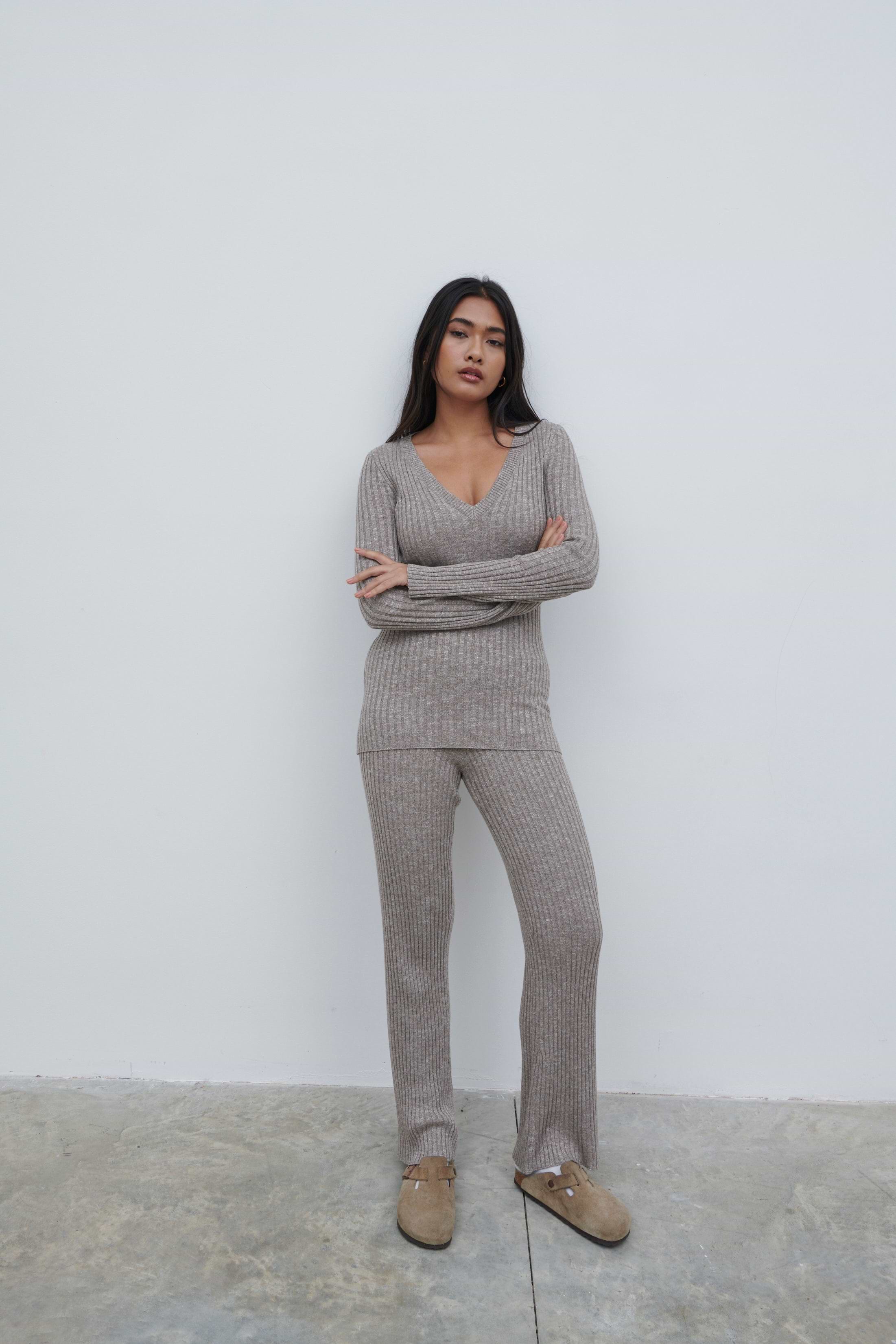 Jessie Ribbed Knit Trousers - Grey Marl