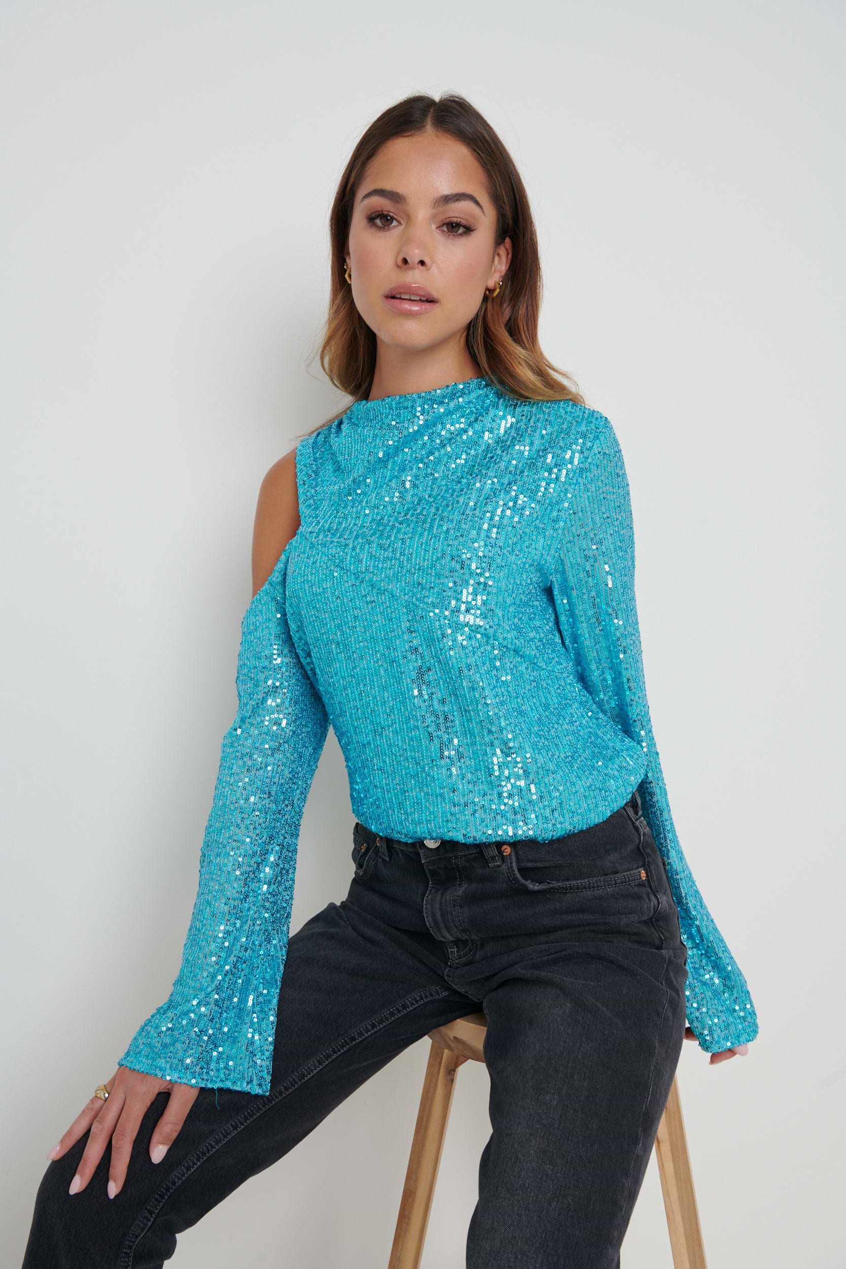 Jett Sequin Asymmetric Blouse - Blue