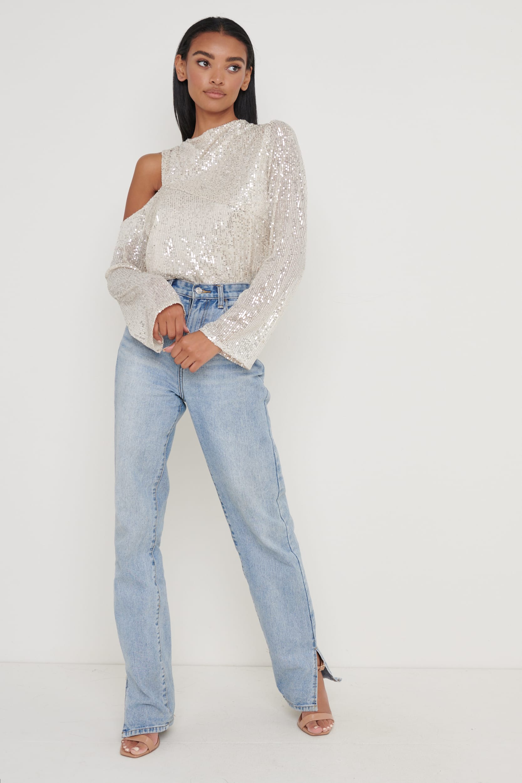 Jett Sequin Asymmetric Blouse - Silver