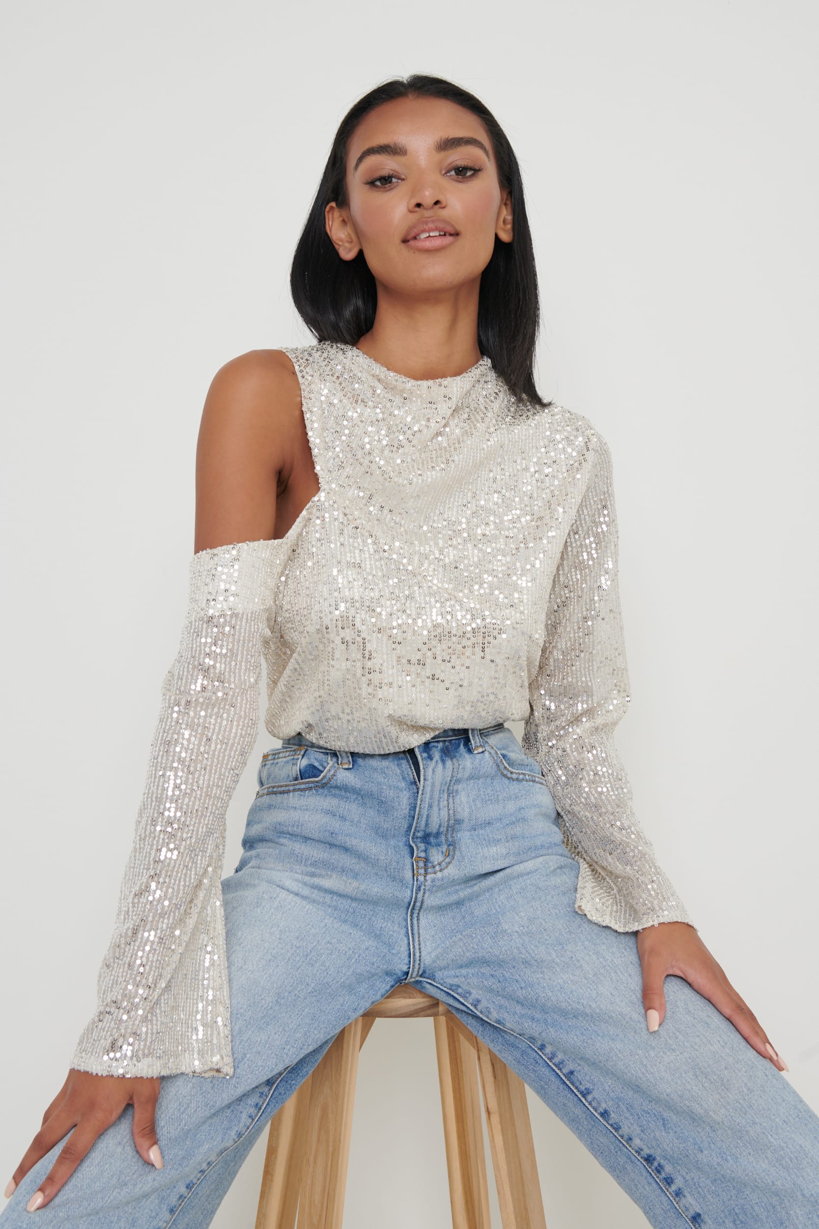 Jett Sequin Asymmetric Blouse - Silver