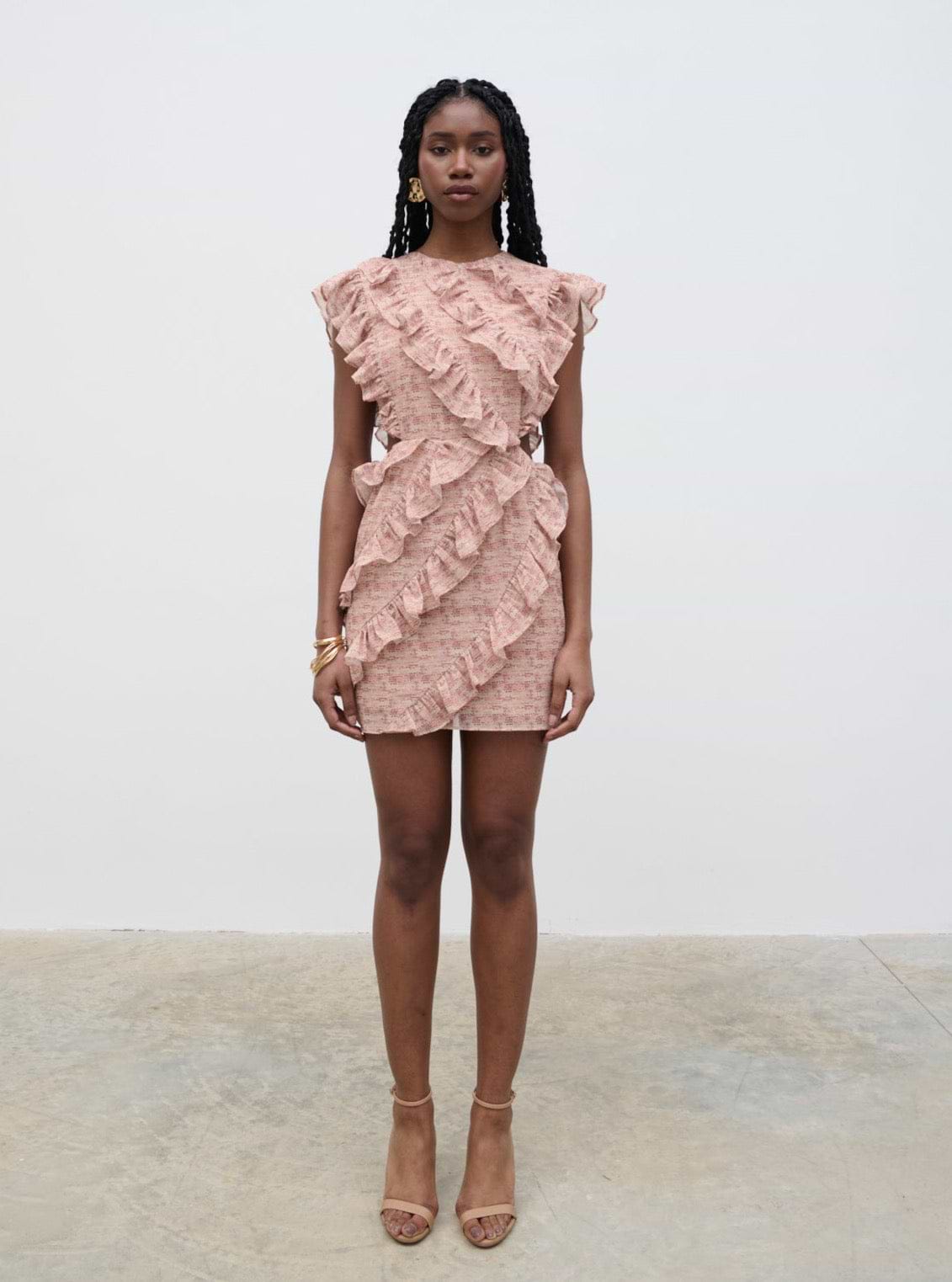 Joss Ruffle Mini Dress - Abstract Mark Making Print