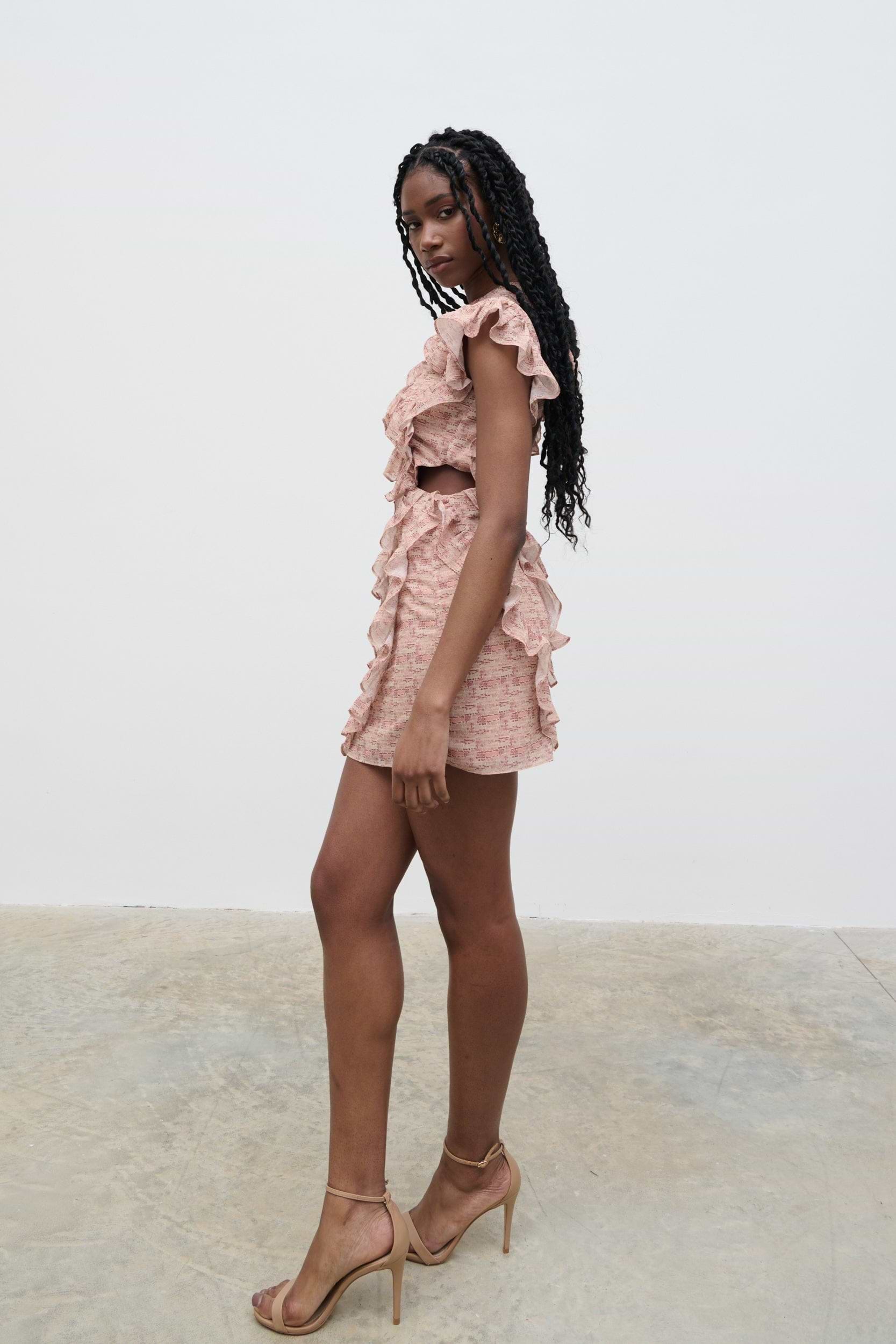 Joss Ruffle Mini Dress - Abstract Mark Making Print