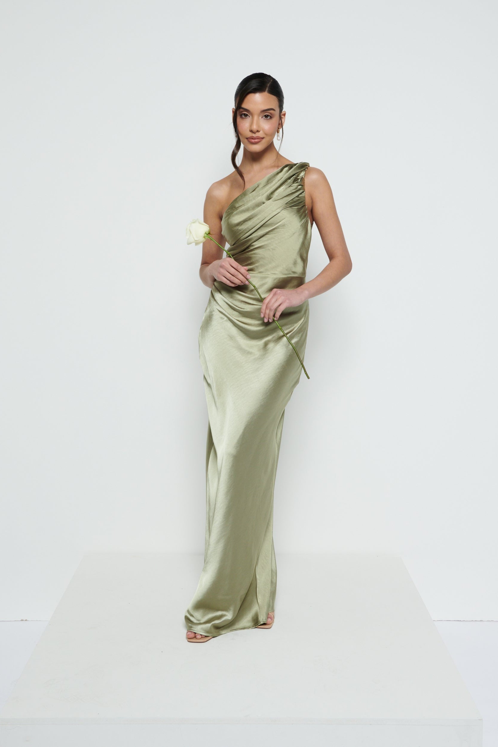 Juliet Ruched Maxi Bridesmaid Dress - Matte Olive