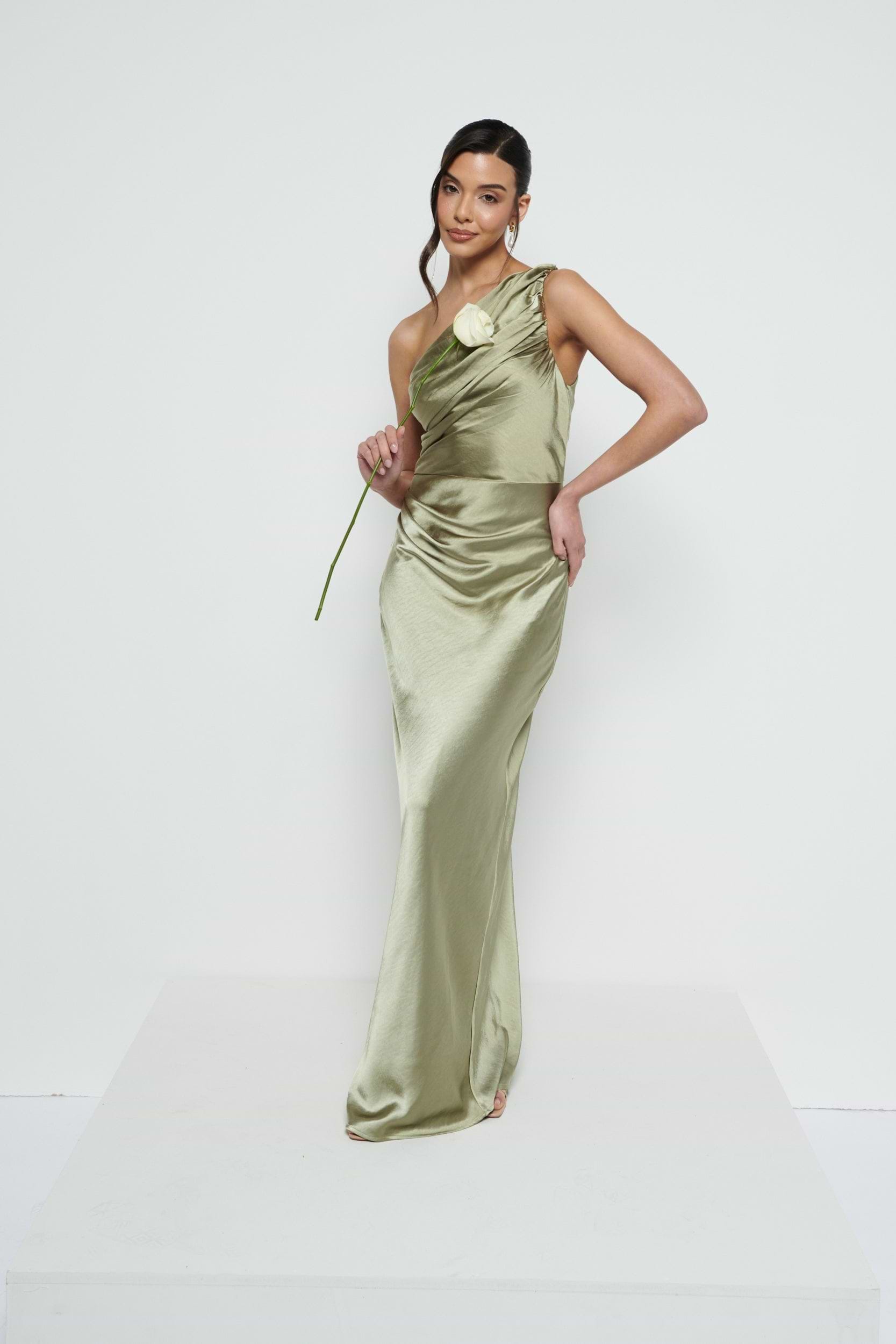 Juliet Ruched Maxi Bridesmaid Dress - Matte Olive
