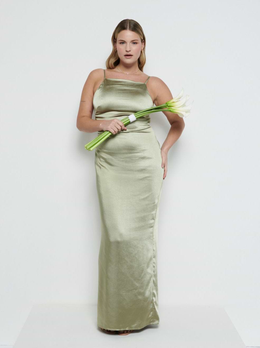 June Satin Maxi Bridesmaid Dress - Olive