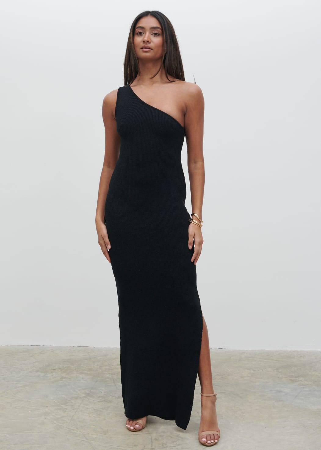 Juno One Shoulder Knit Maxi Dress - Black