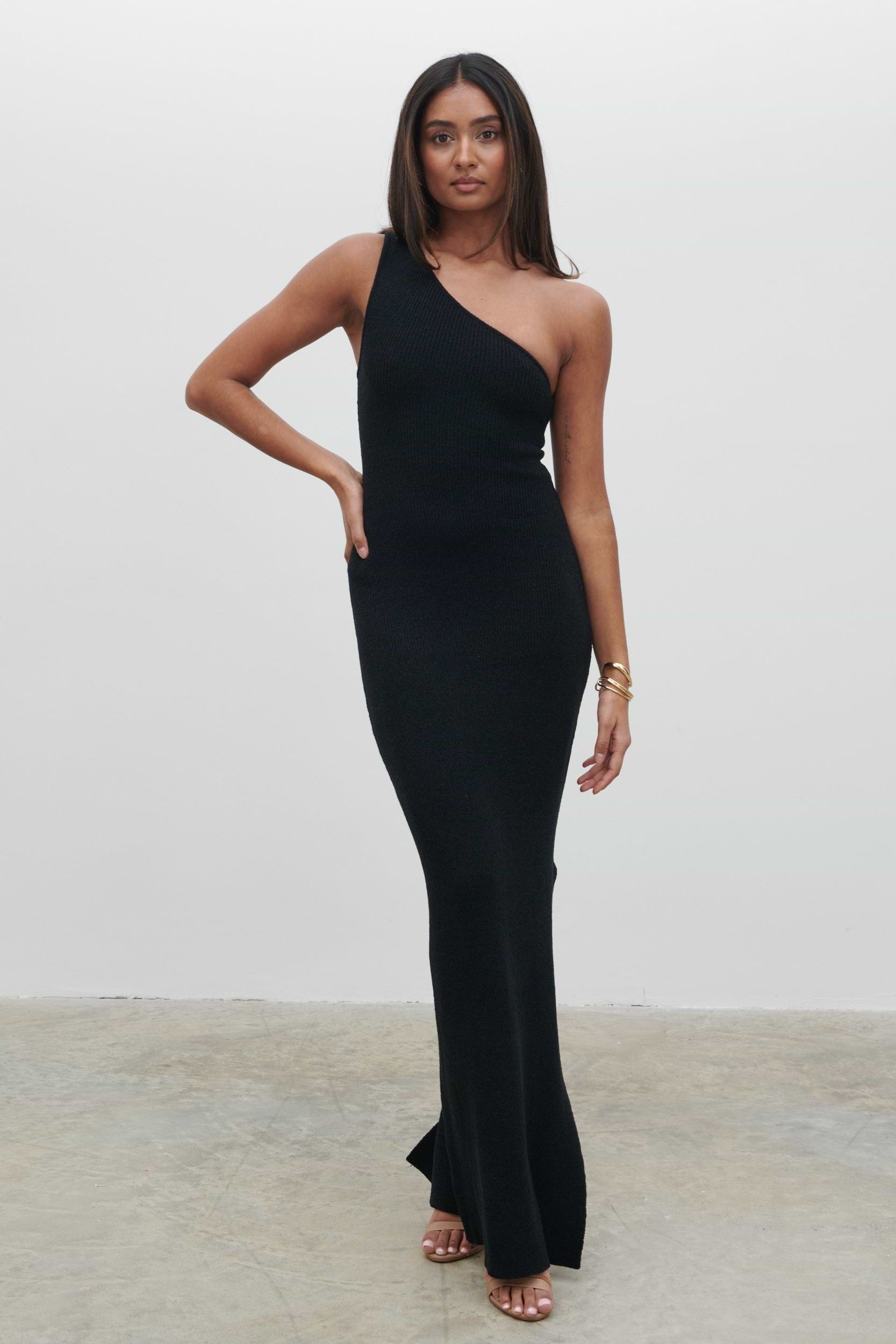 Juno One Shoulder Knit Maxi Dress - Black