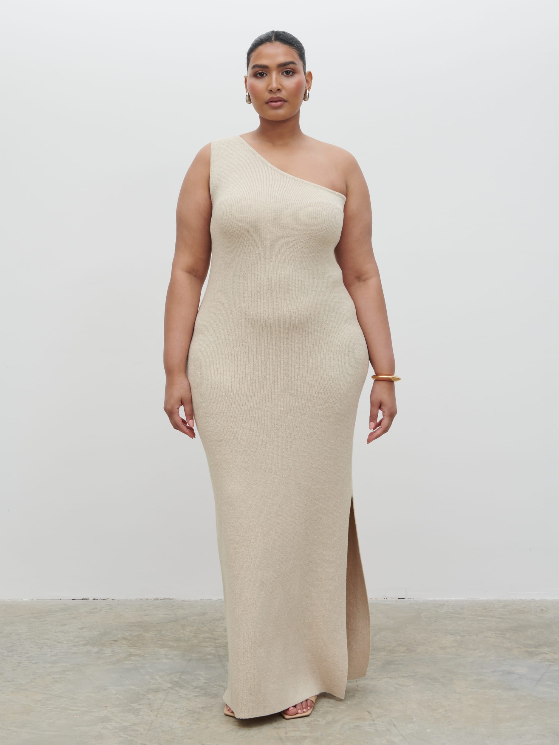 Juno One Shoulder Knit Maxi Dress Curve - Oatmeal
