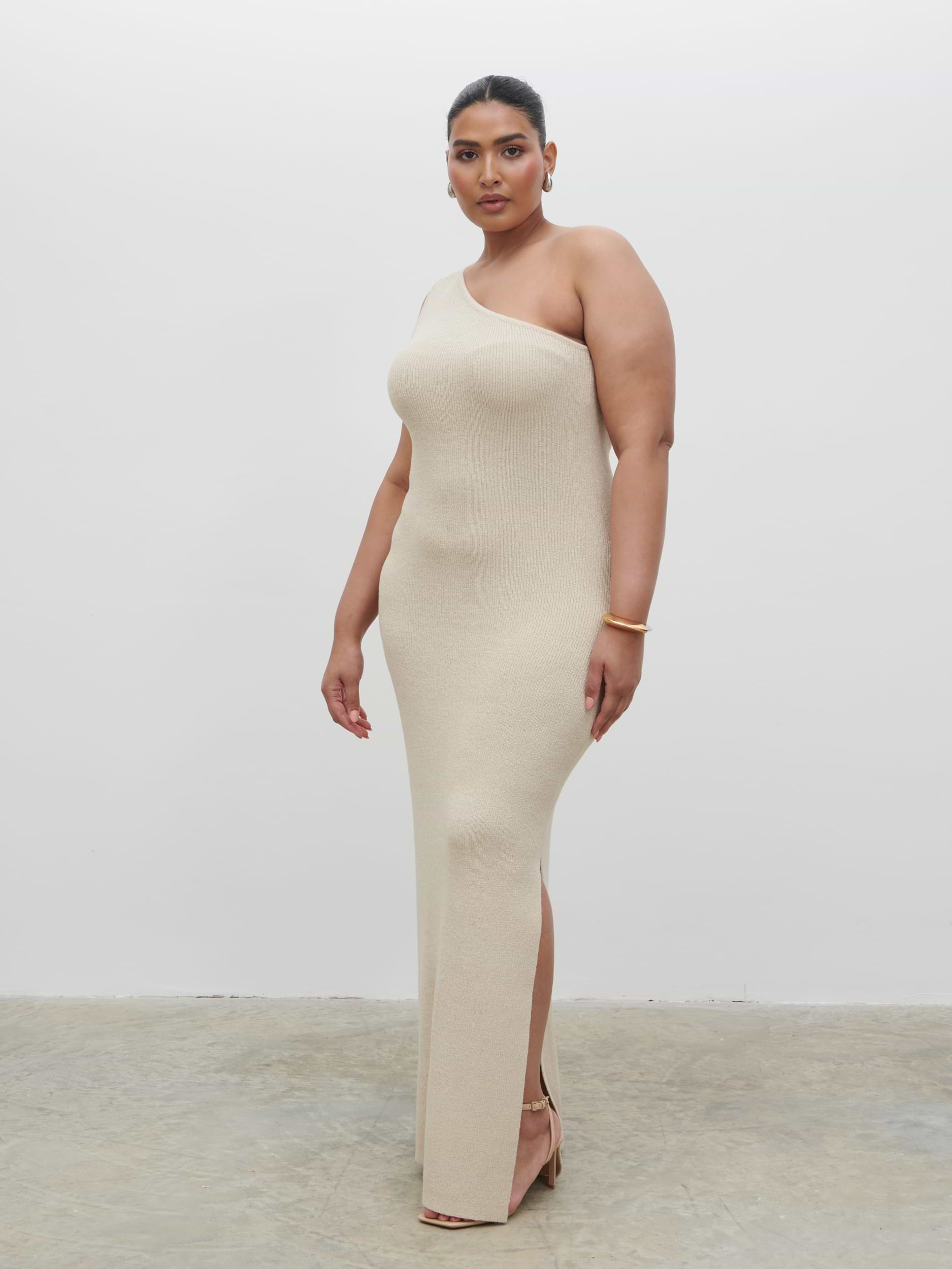 Juno One Shoulder Knit Maxi Dress Curve - Oatmeal