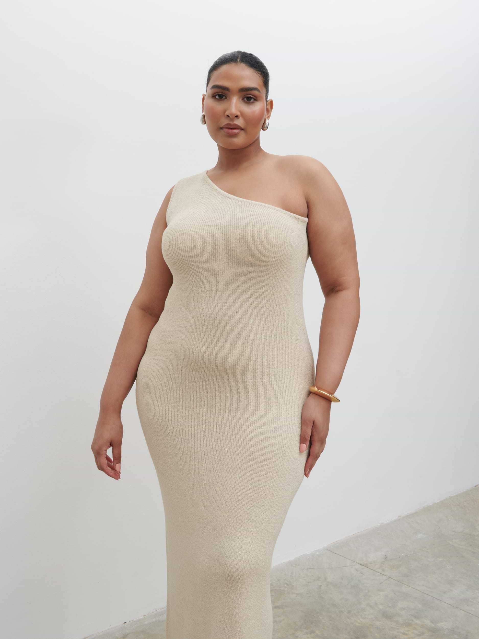 Juno One Shoulder Knit Maxi Dress Curve - Oatmeal