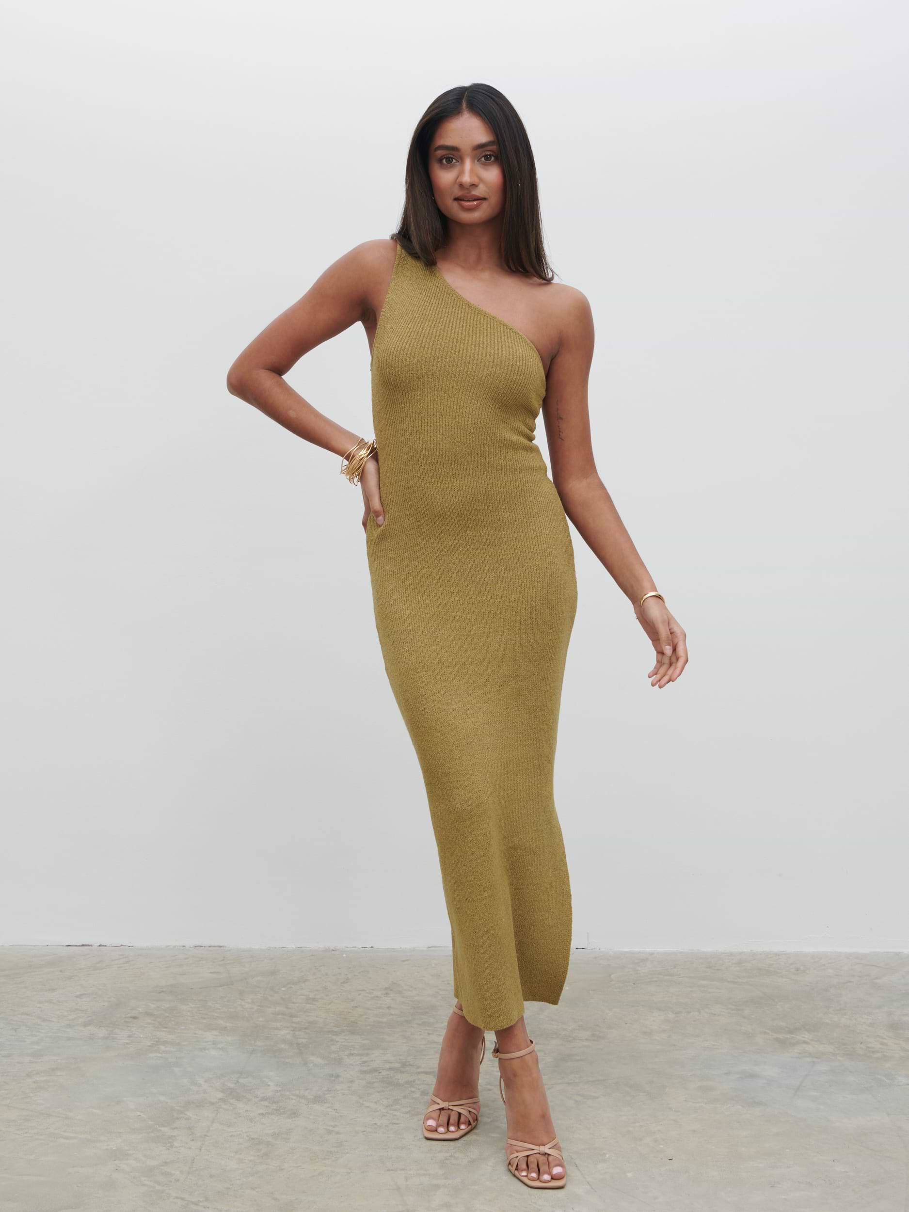 Juno One Shoulder Knit Midaxi Dress - Dark Olive