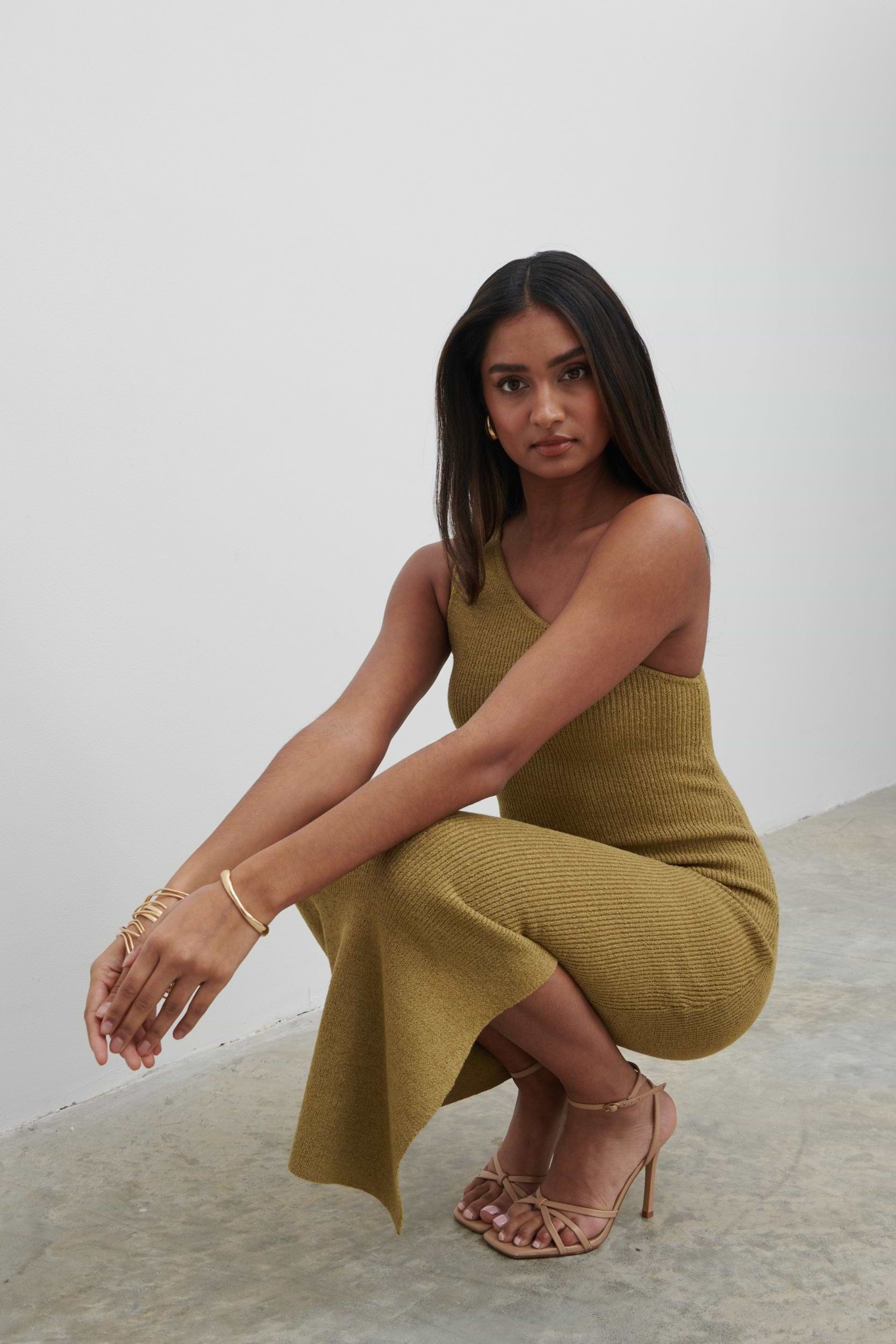 Juno One Shoulder Knit Midaxi Dress - Dark Olive