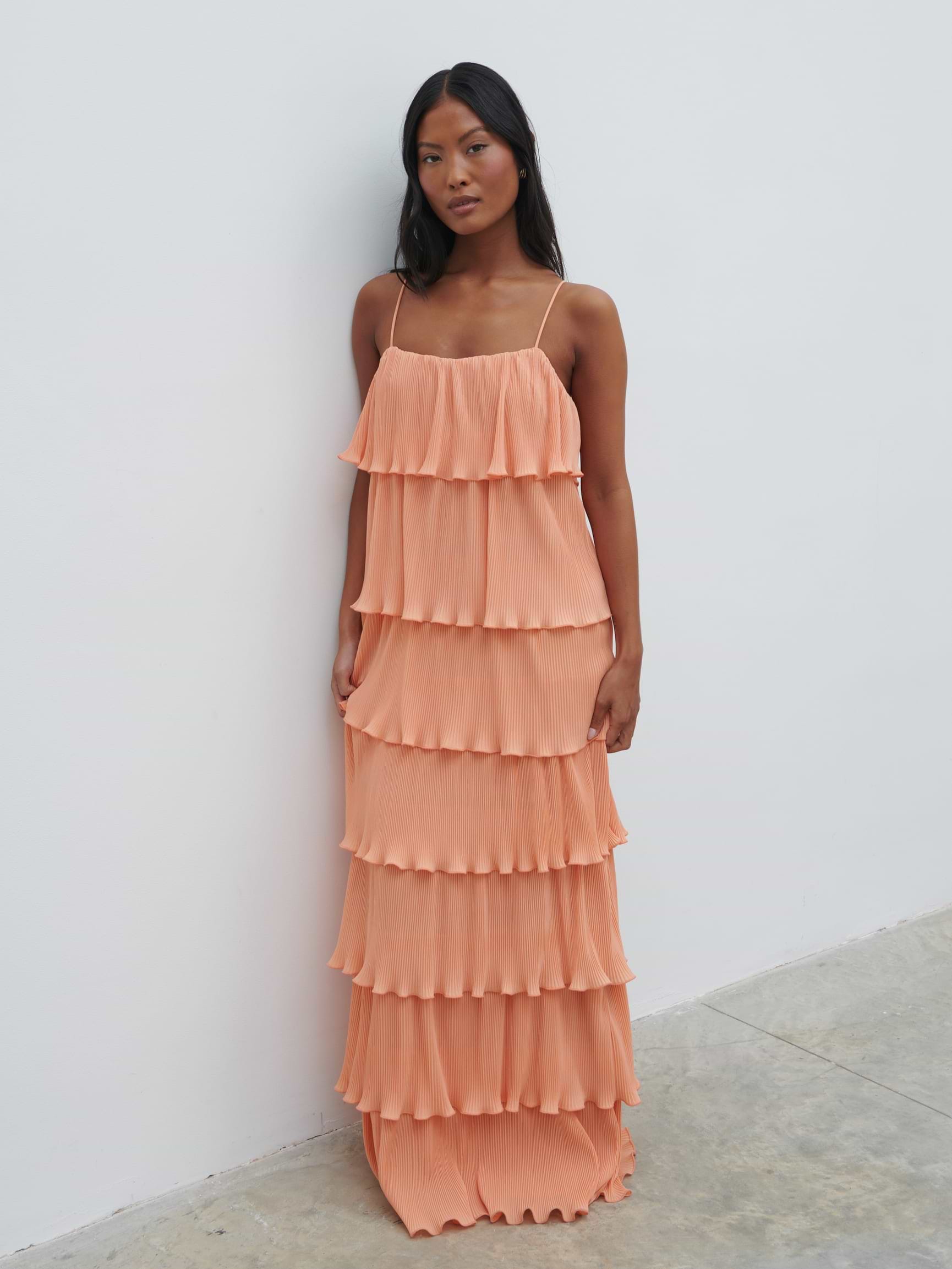 Kaelie Ruffle Plisse Maxi Dress - Apricot