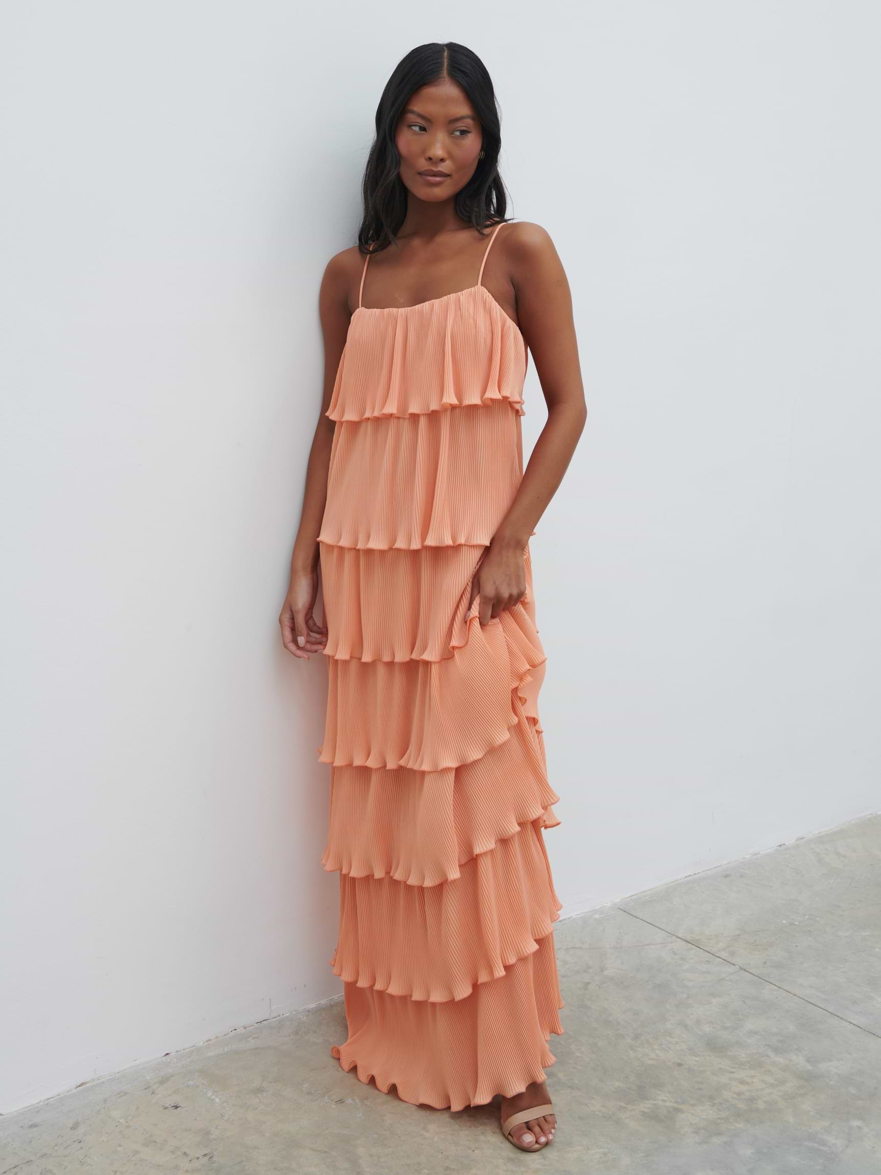 Kaelie Ruffle Plisse Maxi Dress - Apricot