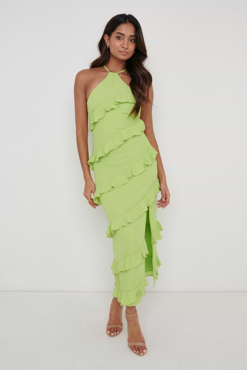 Katy Ruffle Midaxi Dress - Apple Green