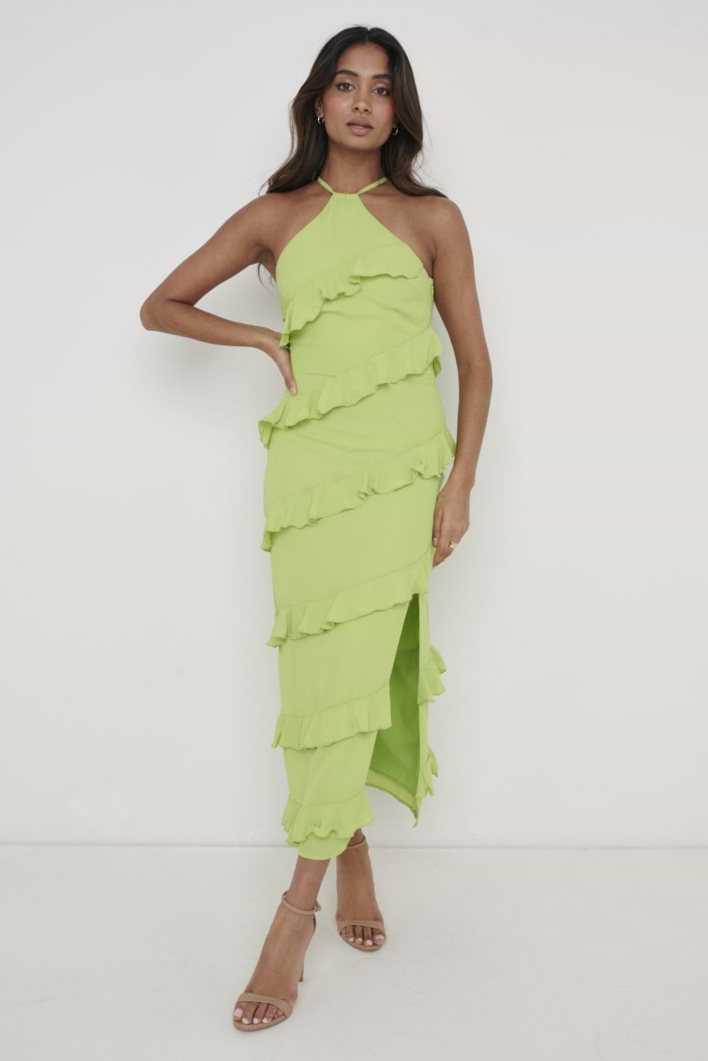 Katy Ruffle Midaxi Dress - Apple Green