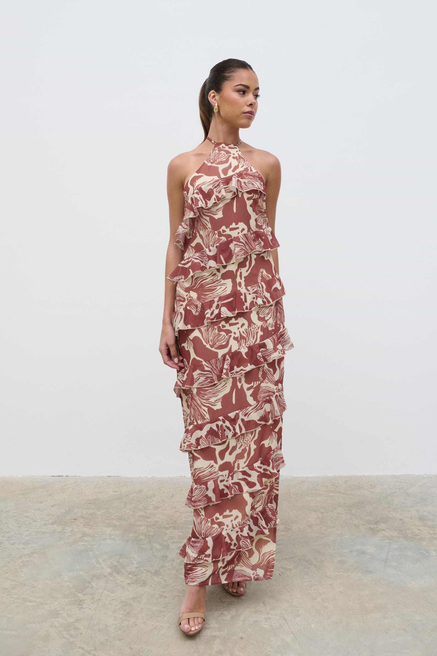 Katy Ruffle Maxi Dress - Brown Floral