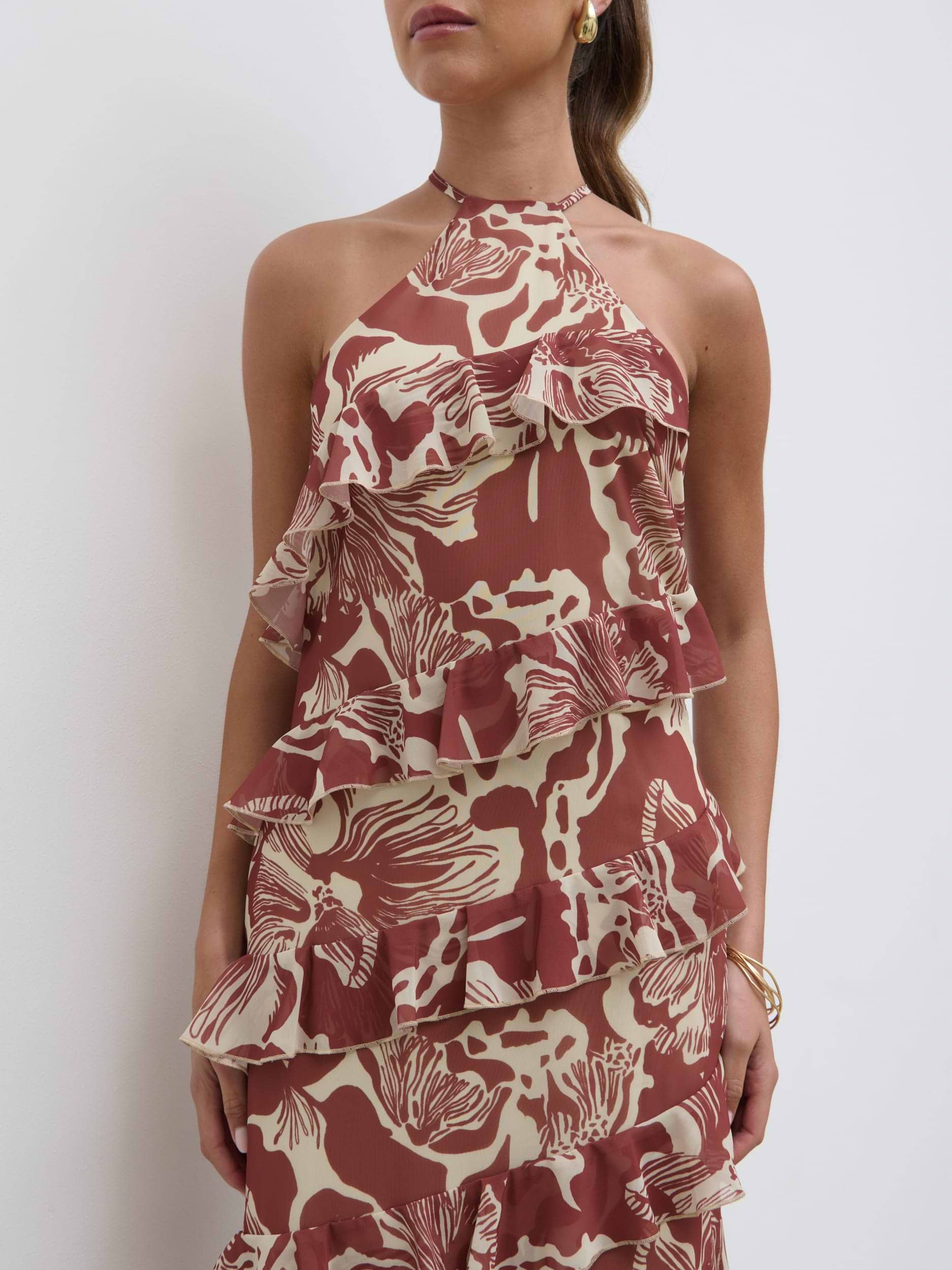 Katy Ruffle Maxi Dress - Brown Floral