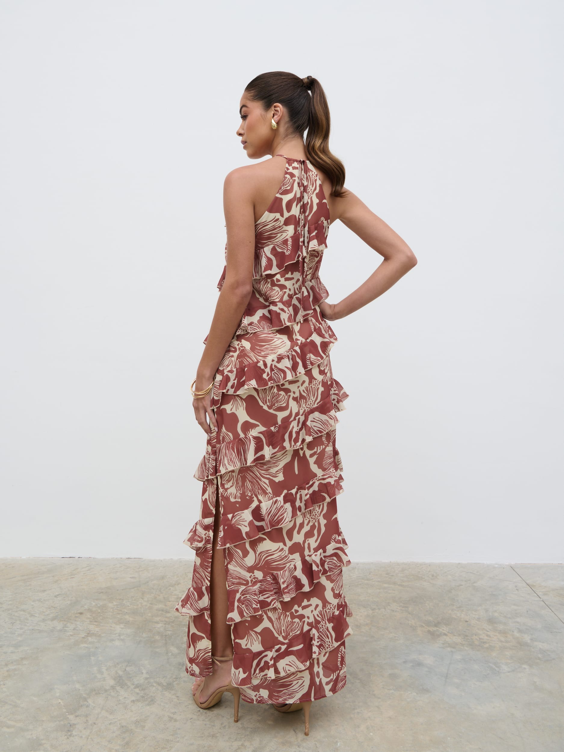 Katy Ruffle Maxi Dress - Brown Floral