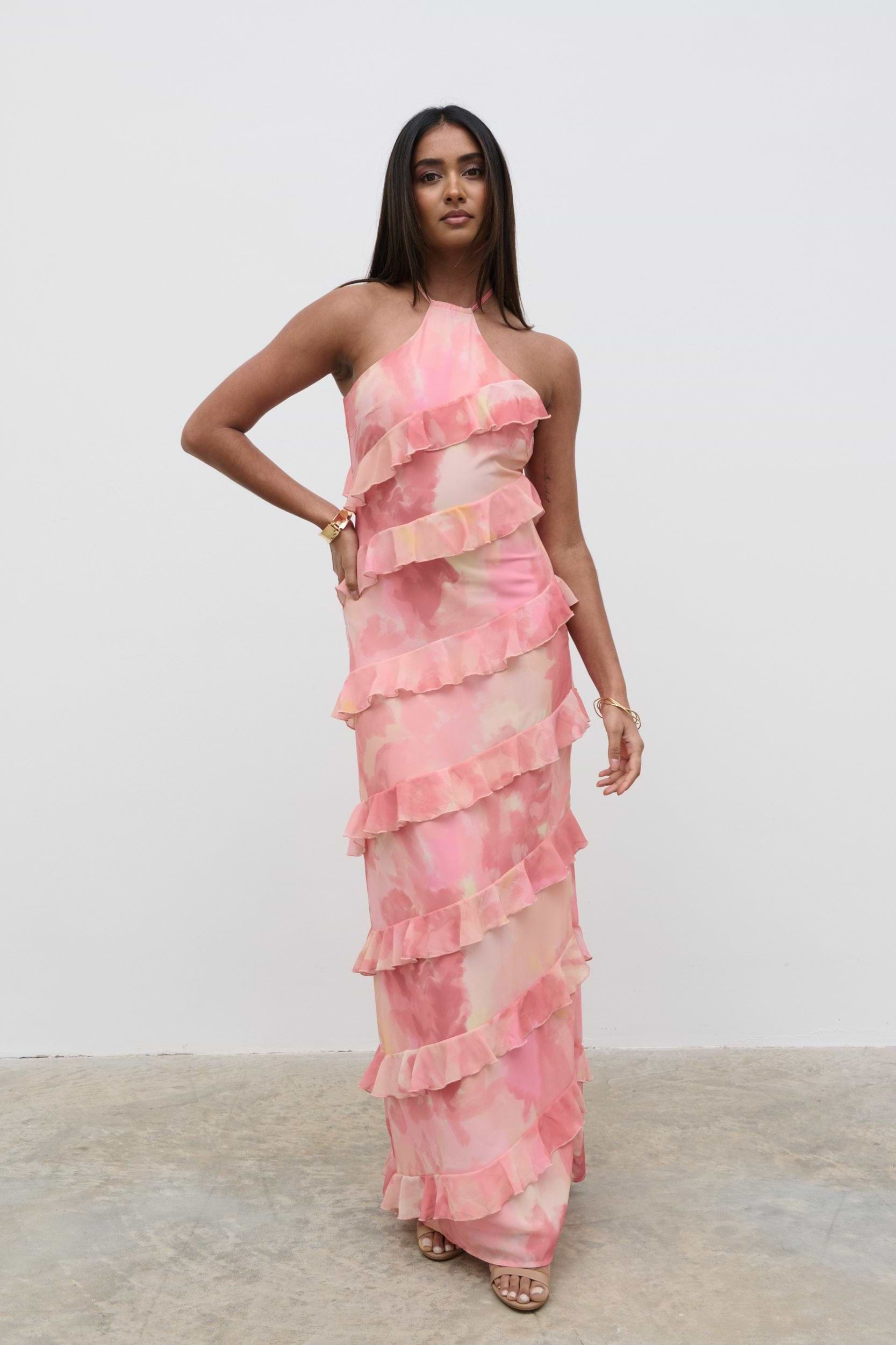 Katy Ruffle Maxi Dress - Dusky Rose Watercolour