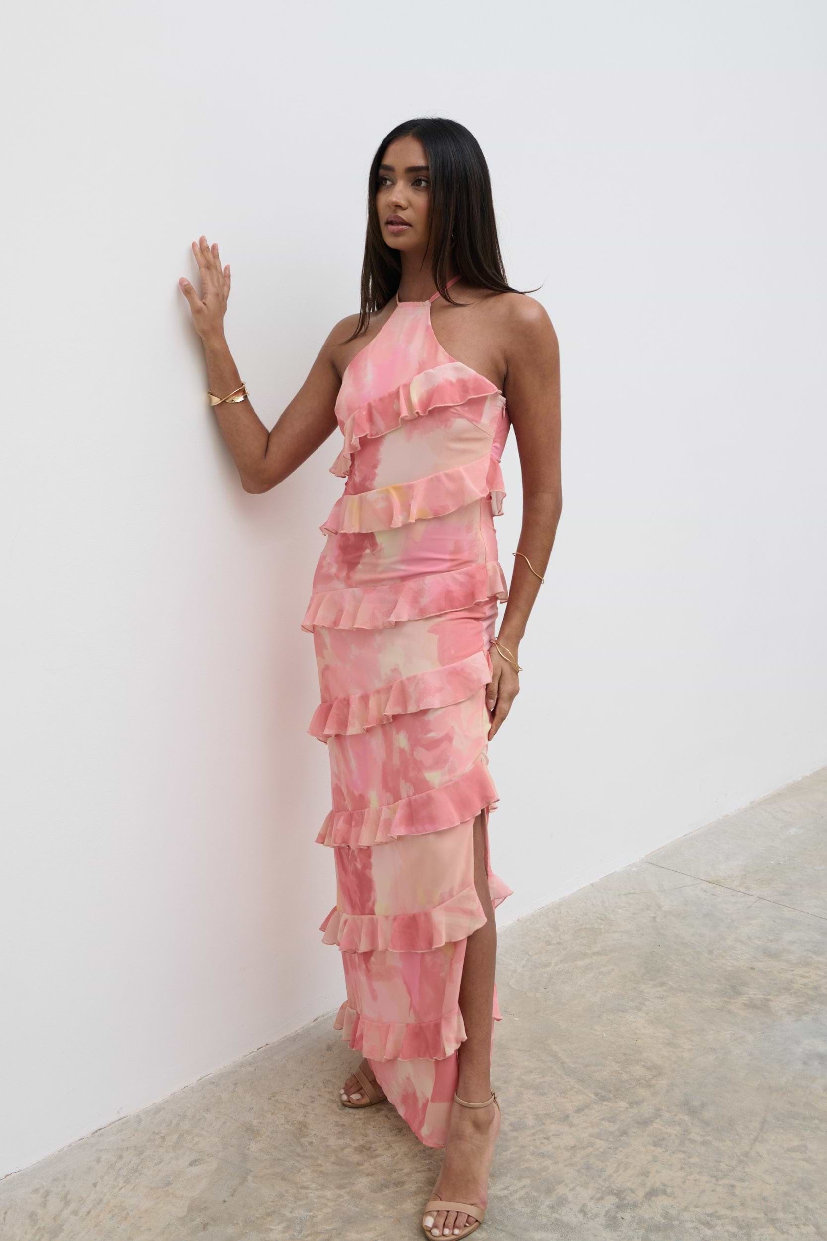 Katy Ruffle Maxi Dress - Dusky Rose Watercolour