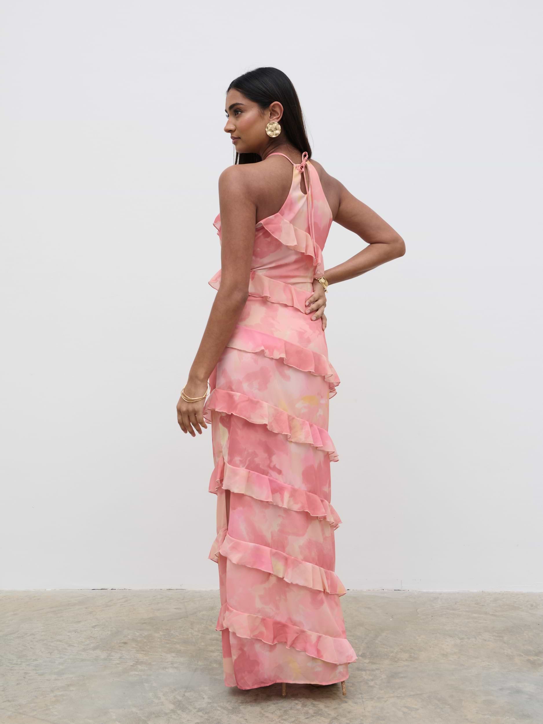 Katy Ruffle Maxi Dress - Dusky Rose Watercolour