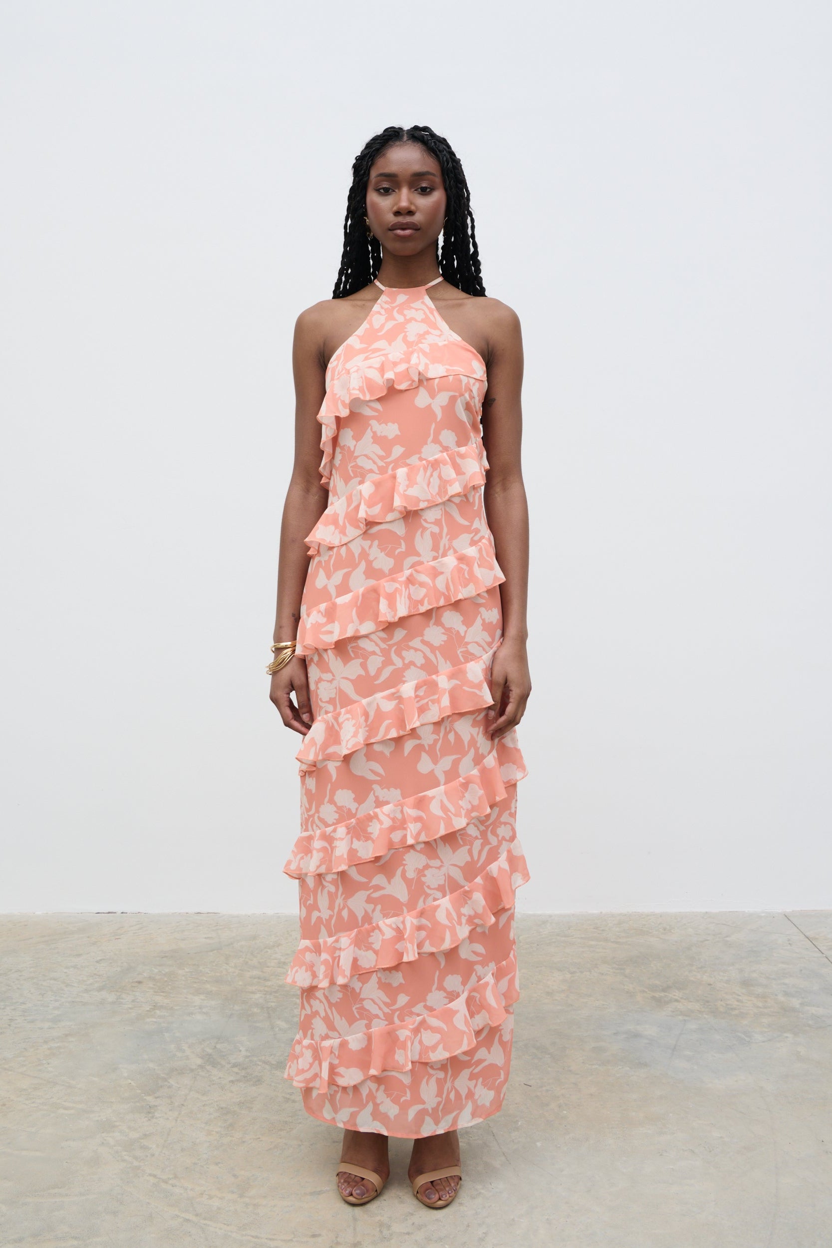 Katy Ruffle Maxi Dress - Terracotta Botanic