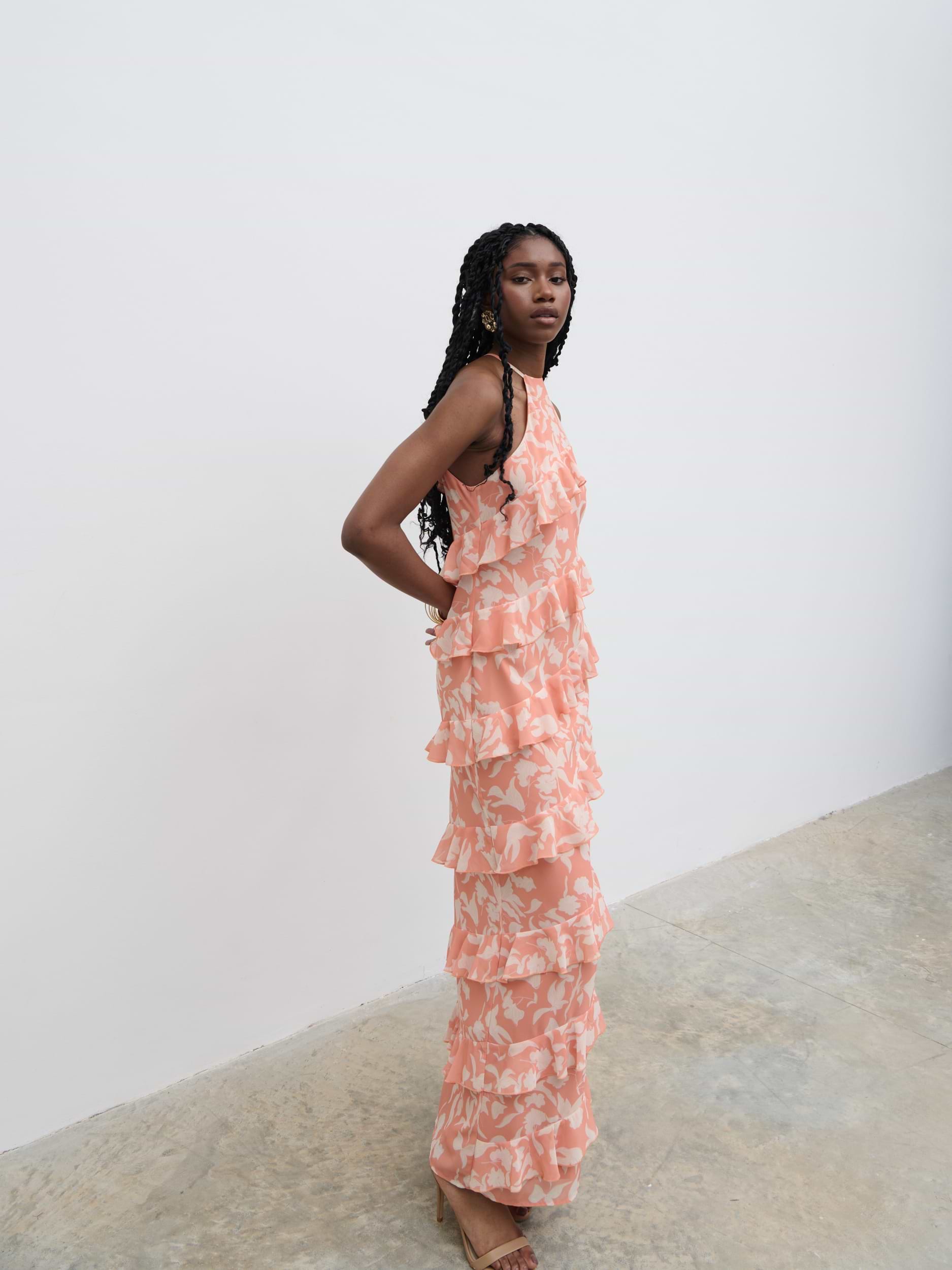 Katy Ruffle Maxi Dress - Terracotta Botanic