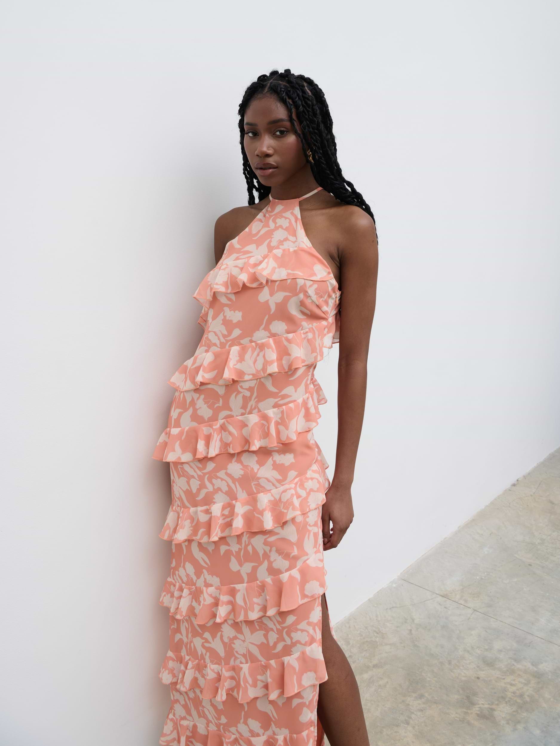 Katy Ruffle Maxi Dress - Terracotta Botanic