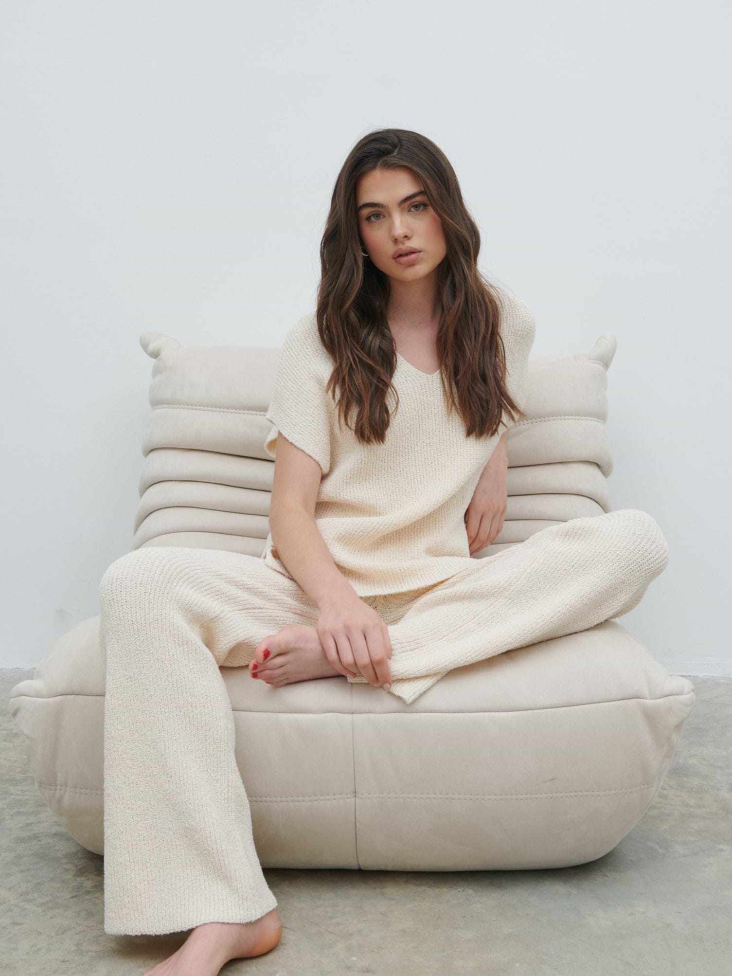 Katya Rib Knit Oversized Top - Cream