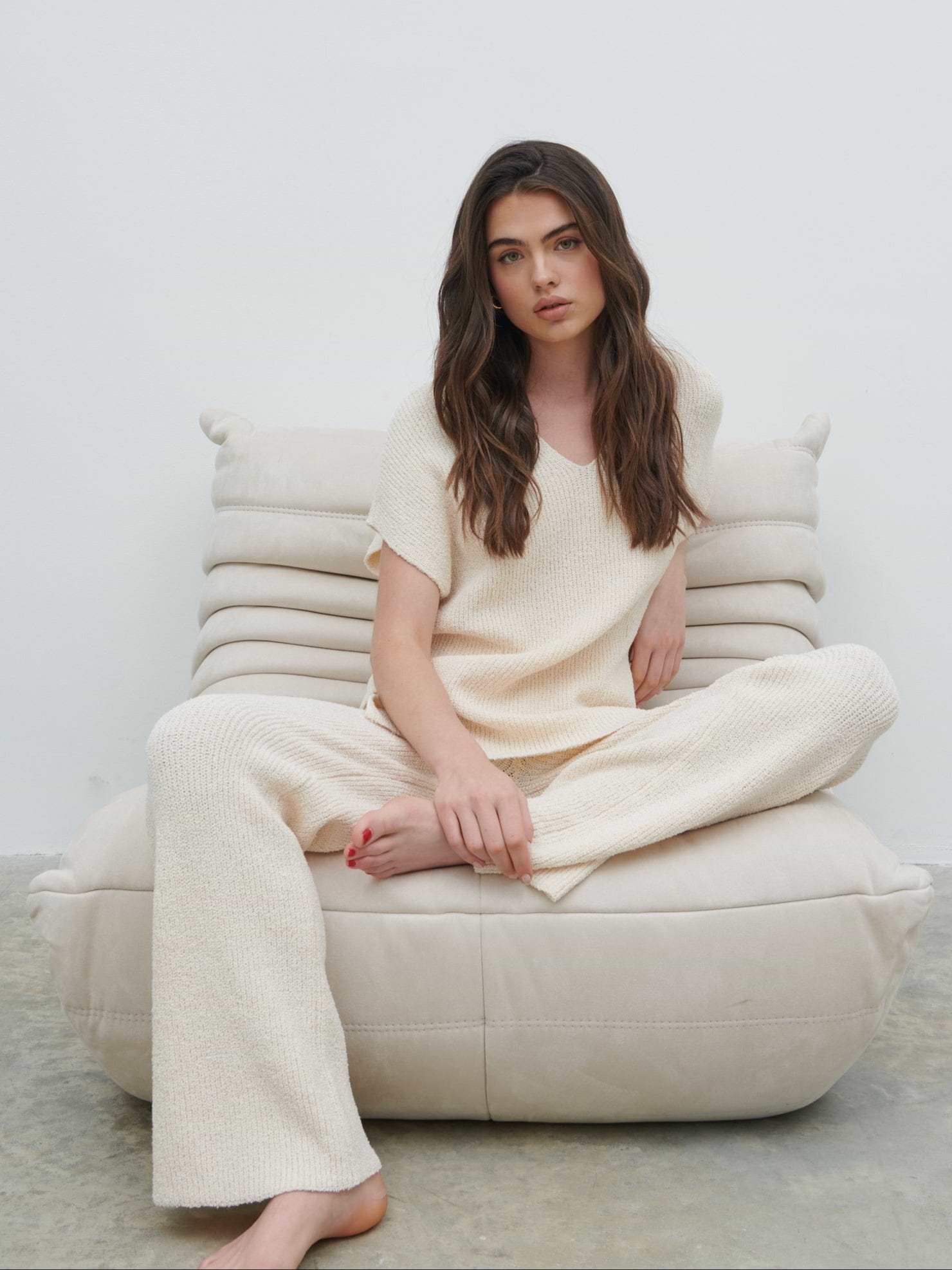 Katya Rib Knit Trousers - Cream