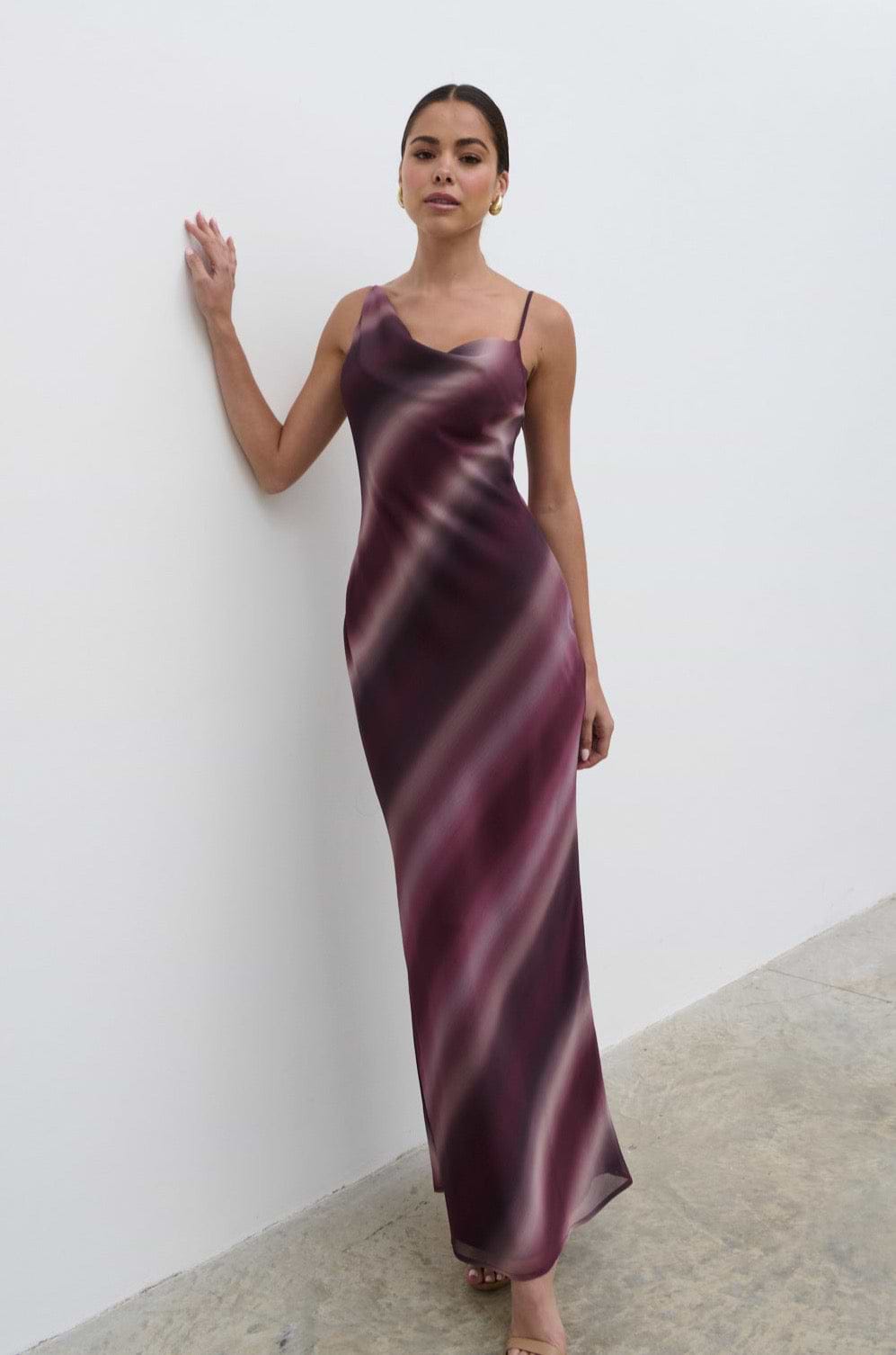 Keisha Asymmetric Cowl Maxi Dress - Wine Ombre