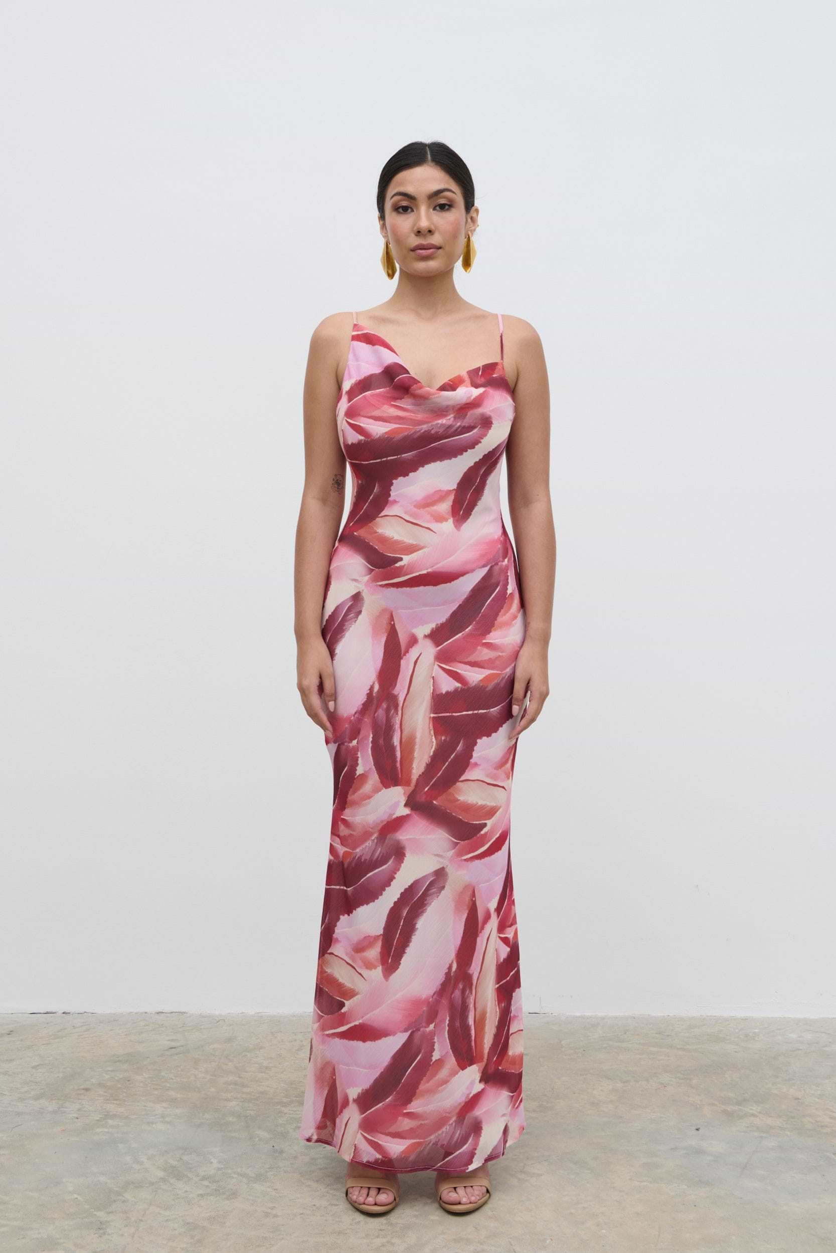 Keisha Asymmetric Cowl Maxi Dress - Feather Print