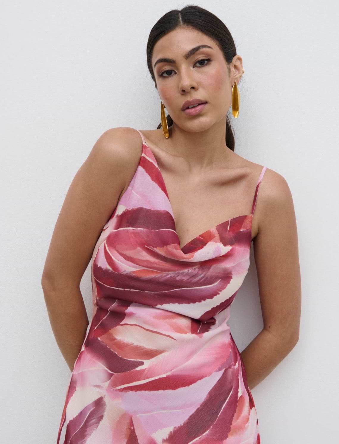 Keisha Asymmetric Cowl Maxi Dress - Feather Print