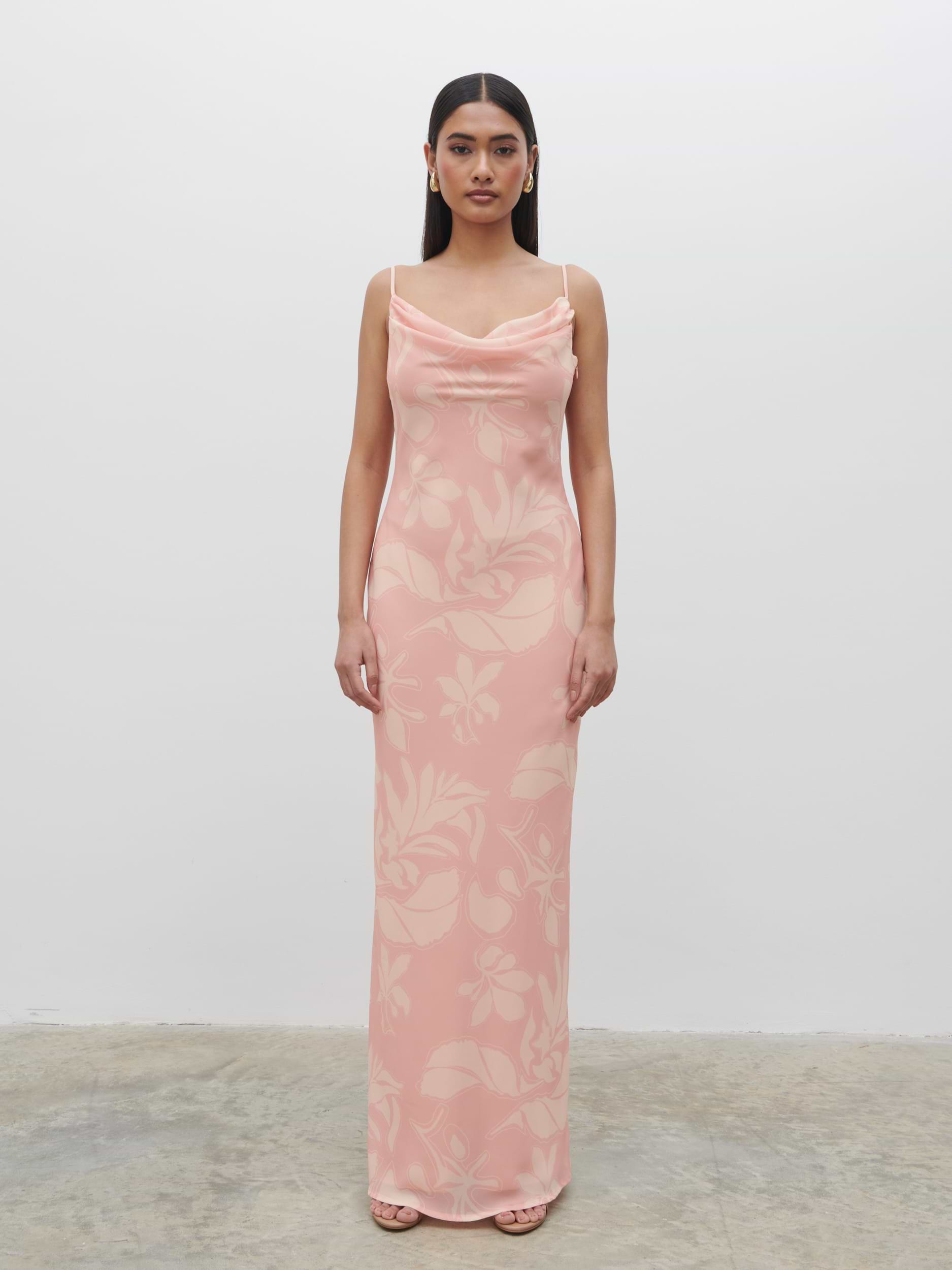 Keisha Ruched Chiffon Maxi Dress - Blush Abstract Leaf