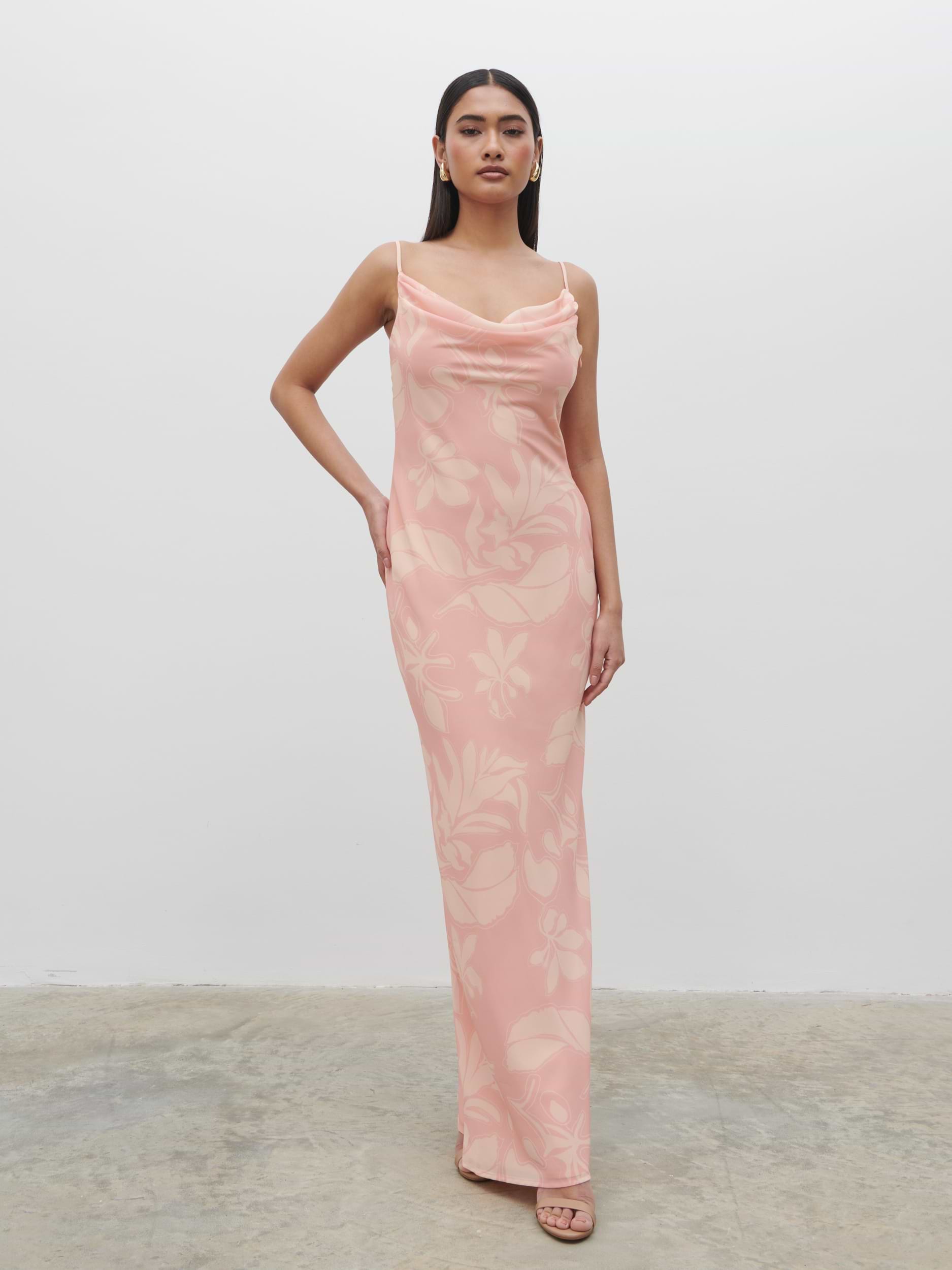 Keisha Ruched Chiffon Maxi Dress - Blush Abstract Leaf