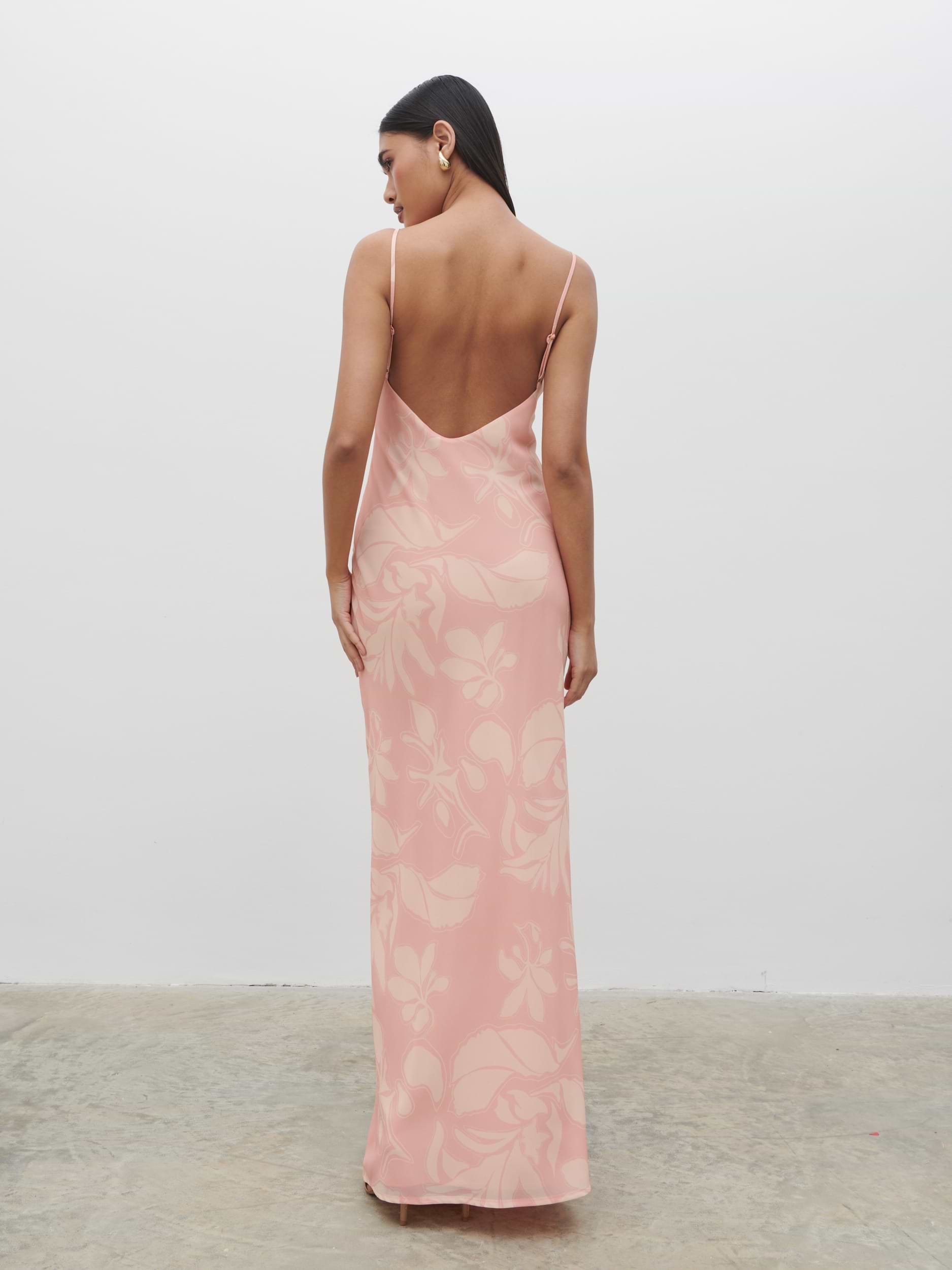 Keisha Ruched Chiffon Maxi Dress - Blush Abstract Leaf