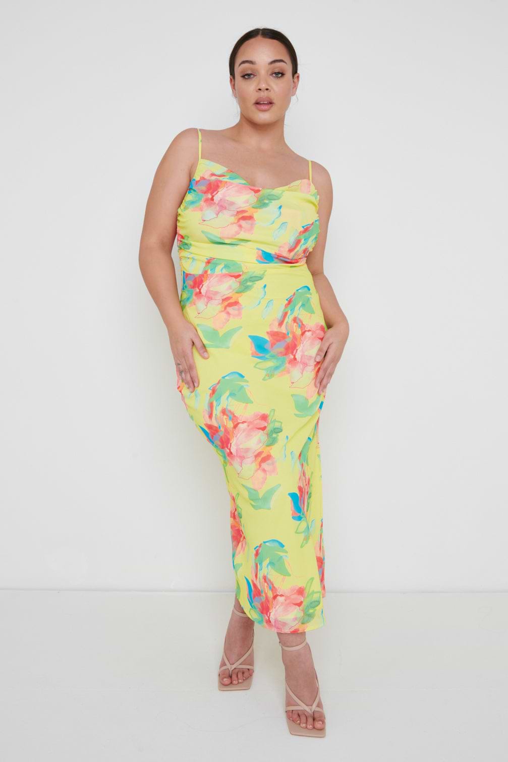 Keisha Ruched Midaxi Dress Curve - Lemon Abstract Floral