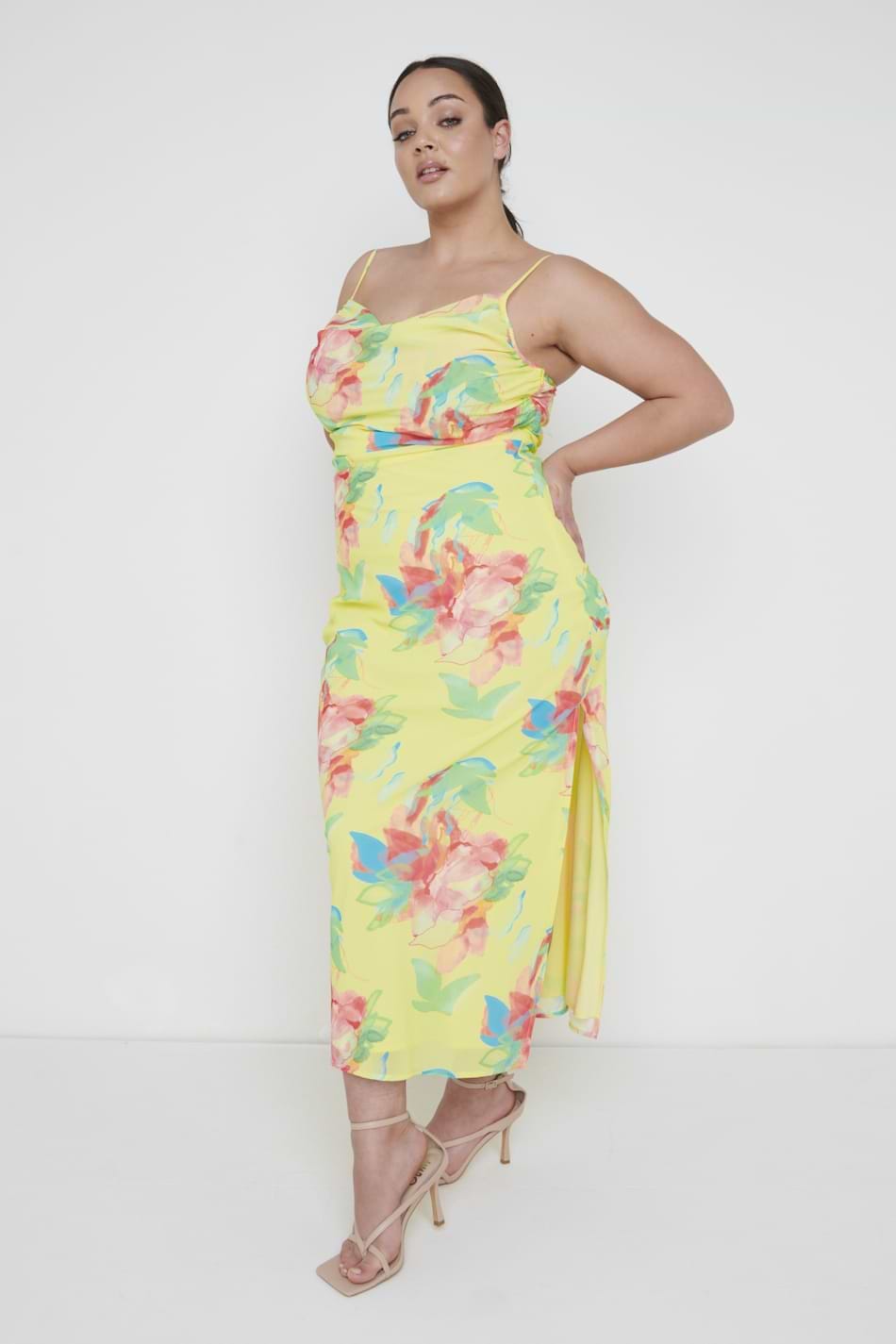 Keisha Ruched Midaxi Dress Curve - Lemon Abstract Floral