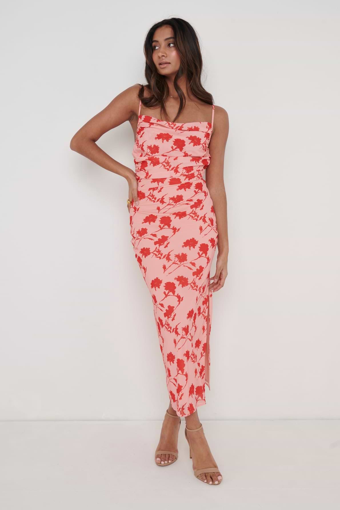 Keisha Ruched Midaxi Dress - Pink and Red Floral
